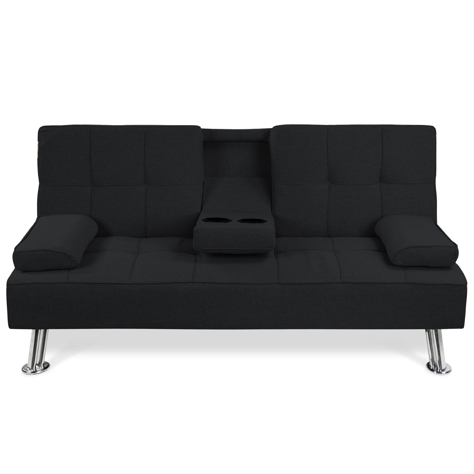 Best Choice Products Modern Linen Convertible Futon Sofa Bed w/ Removable Armrests. Metal Legs. 2 Cupholders - Black