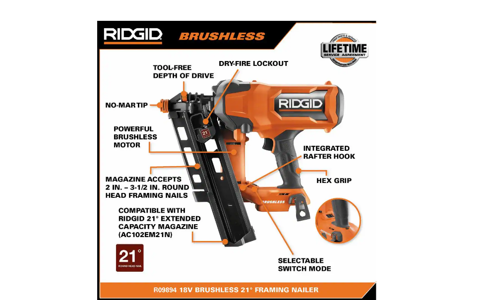 RIDGID R09894B 18V Brushless Cordless 21° 3-1/2 in. Framing Nailer (Tool Only)