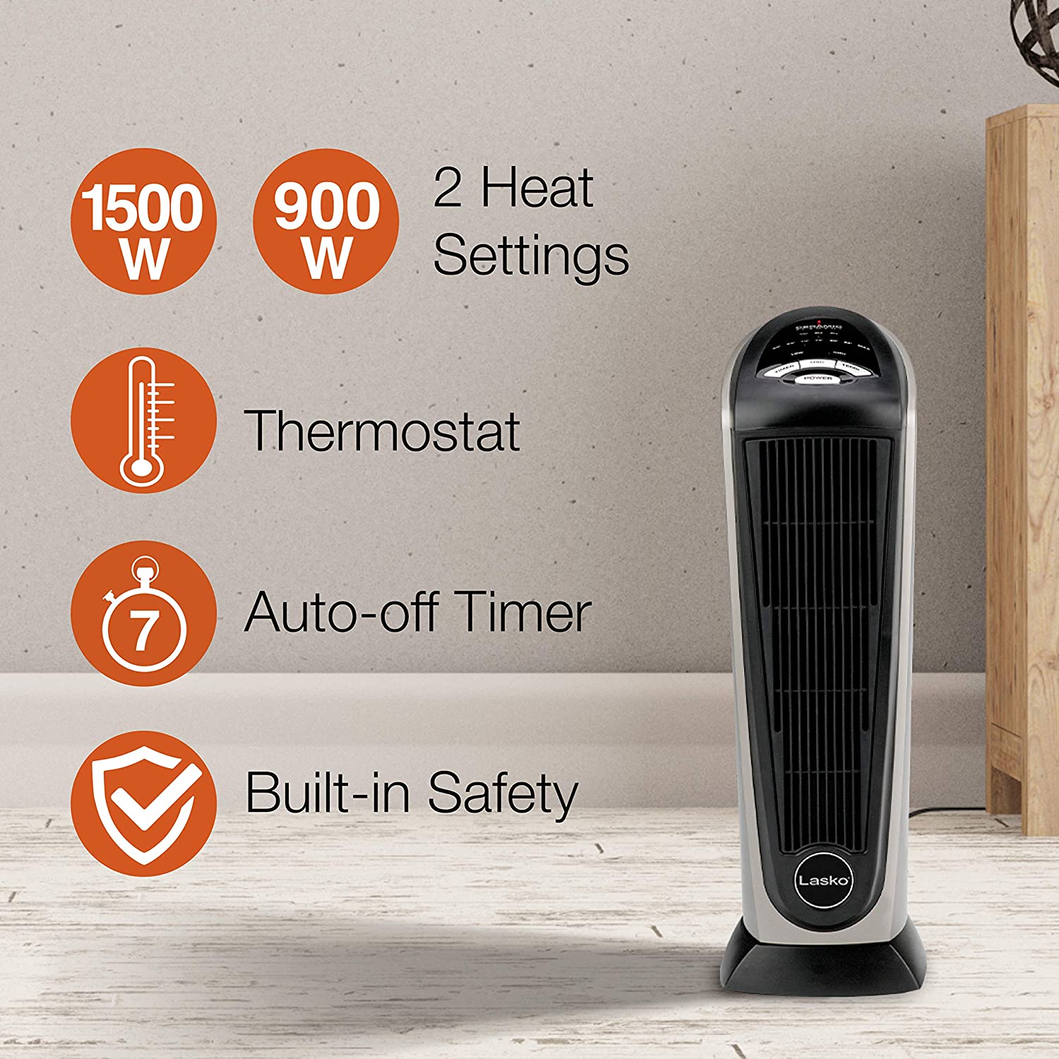 Lasko Oscillating Ceramic Tower Space Heater for Home with Adjustable Thermostat. Timer and Remote Control. 22.5 Inches. Grey/Black. 1500W. 751320