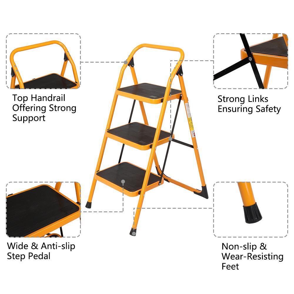 Ktaxon 3-Step Ladder. Lightweight Folding Step Stool. 330 lb. Load Capacity. Iron. for Household. Kitchen. Easy Storage. Non-Slip Safety Tread
