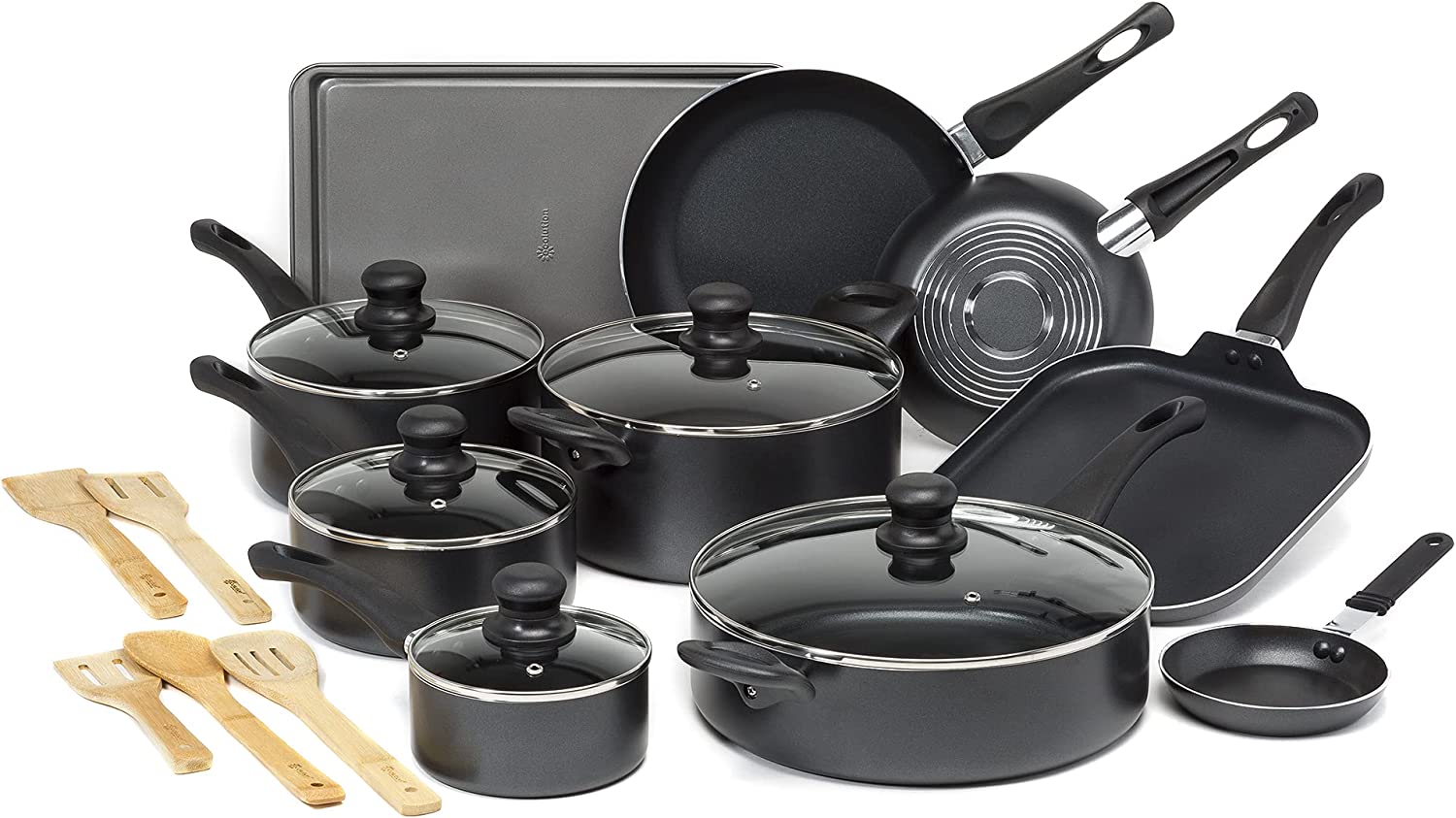 Ecolution Easy Clean Nonstick Cookware Set. Features Kitchen Essentials. Bamboo Cooking Utensils Set. Vented Glass Lids. Ergonomic Grip Handles. Made without PFOA. Dishwasher Safe. 20-Piece. Black