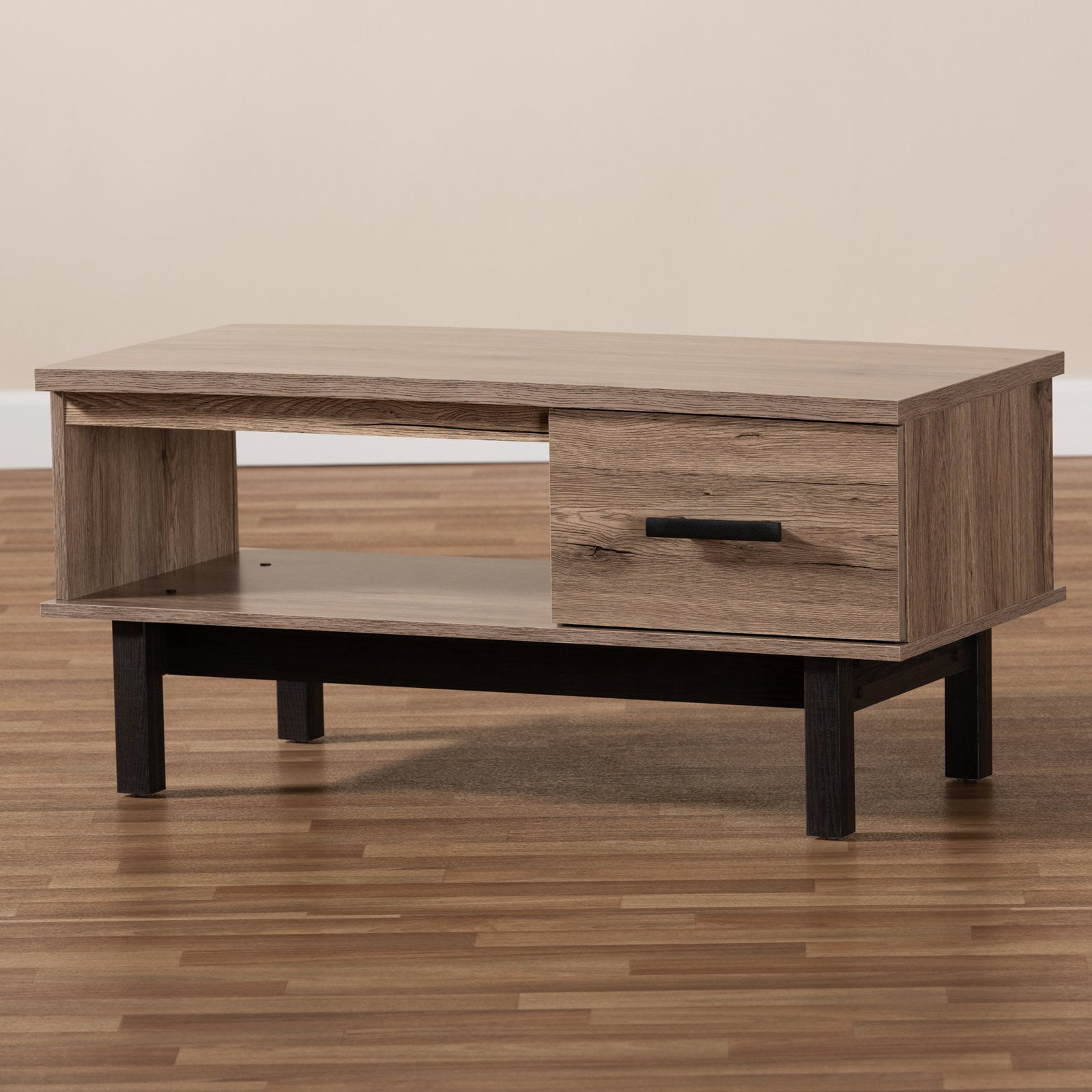 Baxton Studio Arend Modern and Contemporary Two-Tone Oak Brown and Black Wood 1-Drawer Coffee Table