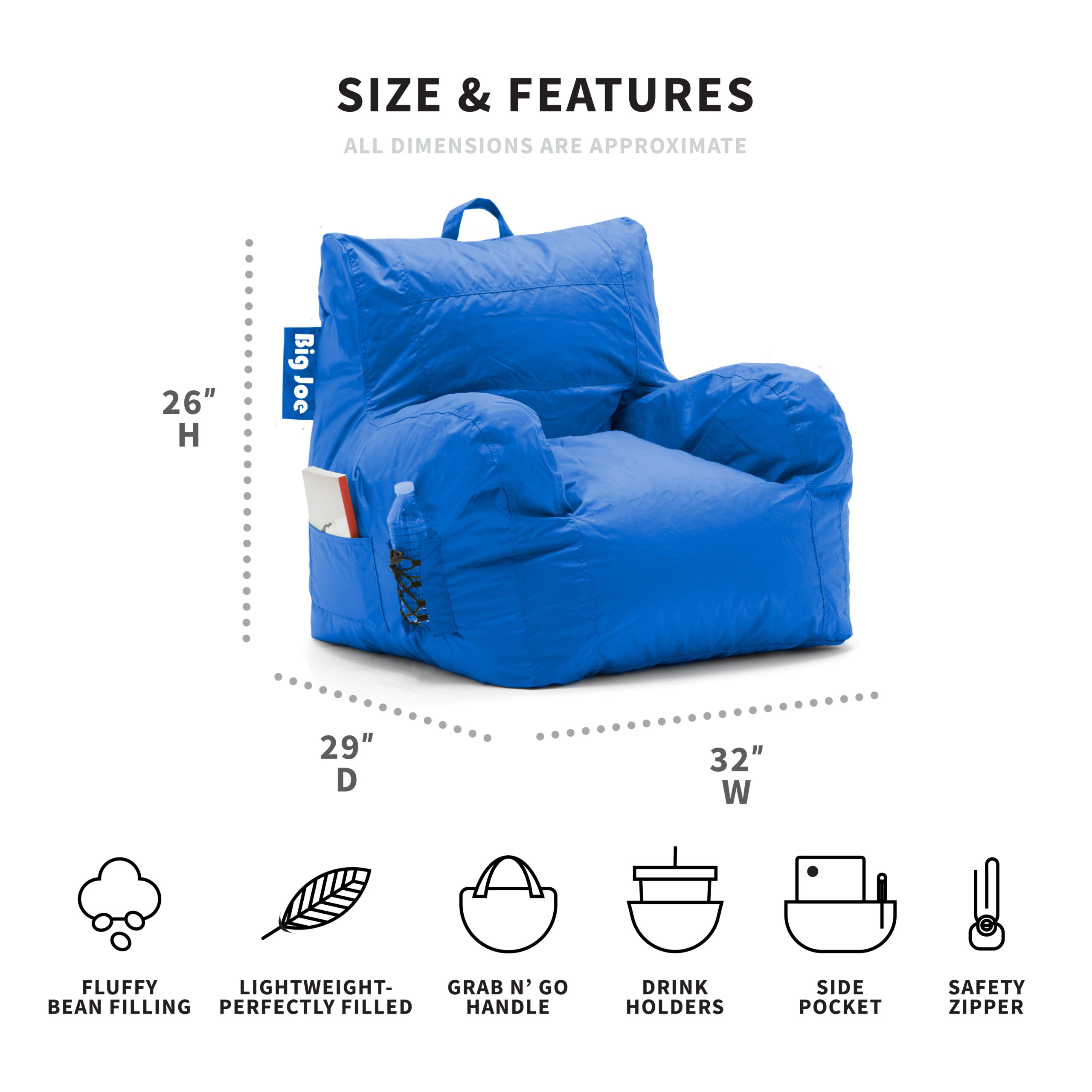 Big Joe Dorm Bean Bag Chair. Kids/Teens. Smartmax 3ft. Sapphire