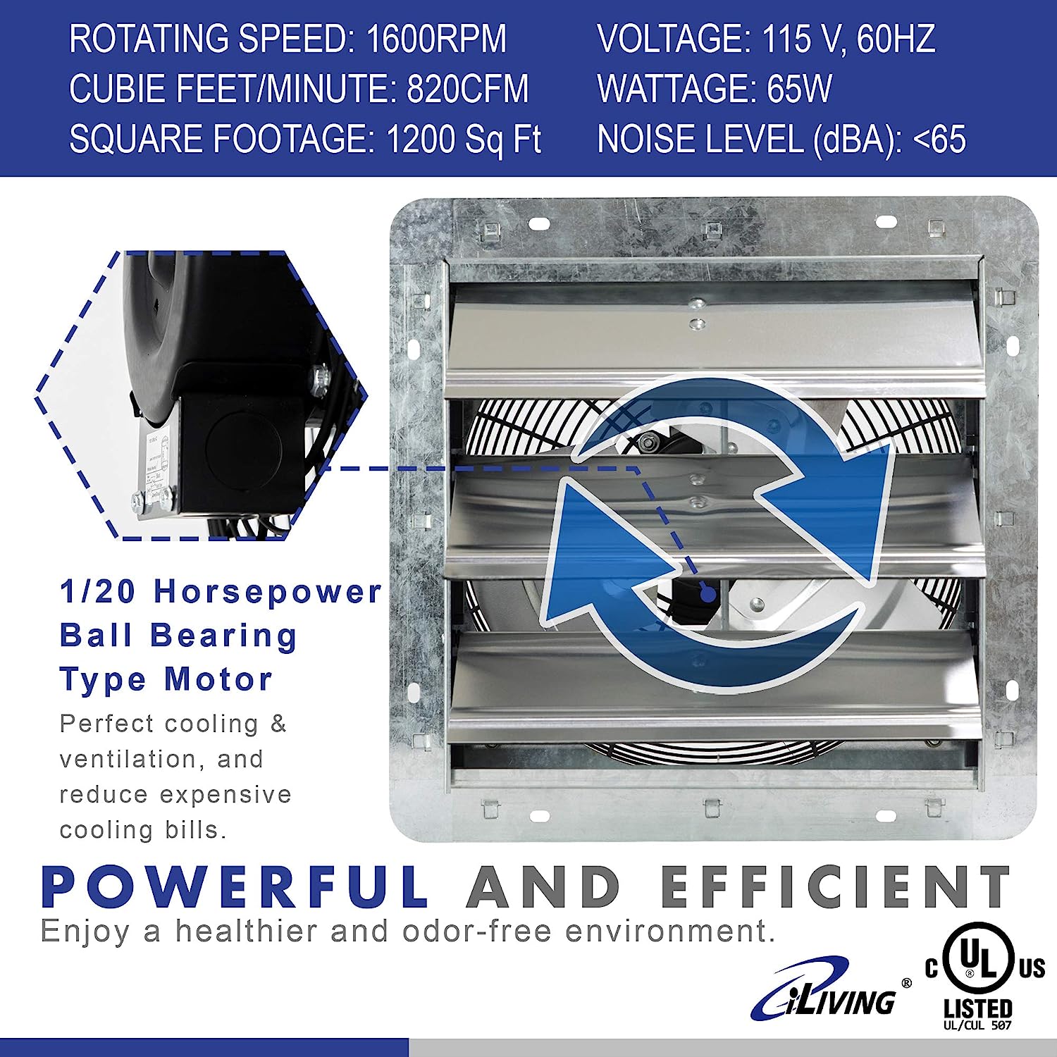 iLiving 10″ Wall Mounted Shutter Exhaust Fan. Automatic Shutter. with Thermostat and Variable Speed controller. 65W. 820 CFM. 1200 SQF Coverage Area Silver (ILG8SF10V-ST)