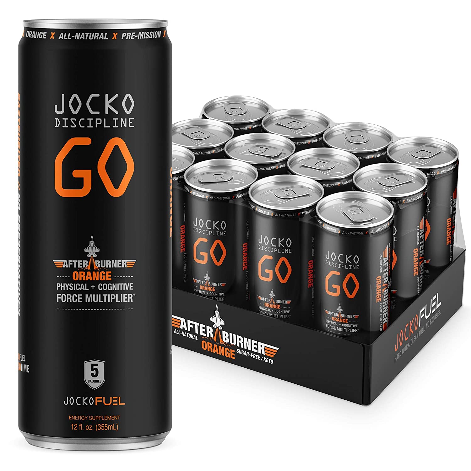 Jocko GO Energy Drink (Afterburner Orange) - KETO. Vitamin B12. Vitamin B6. Fruit Blend - 12 Pack