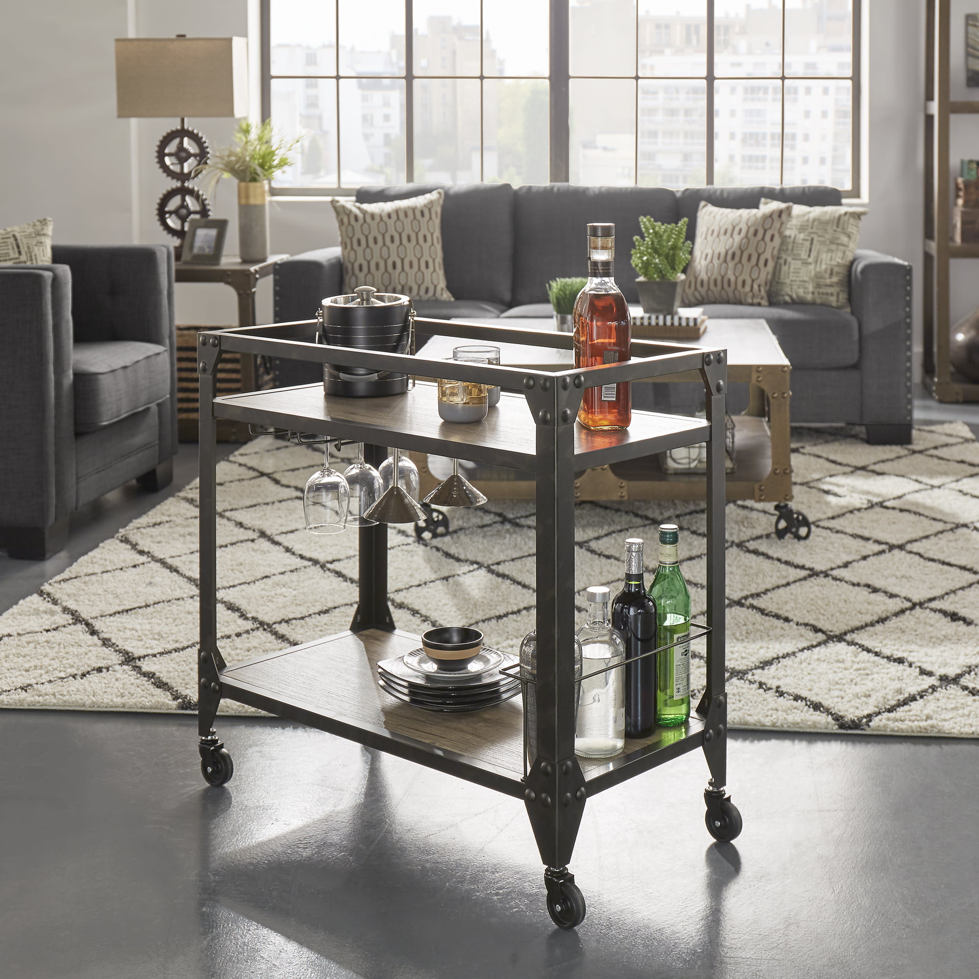 Weston Home Charcoal Metal and Wood Bar Cart