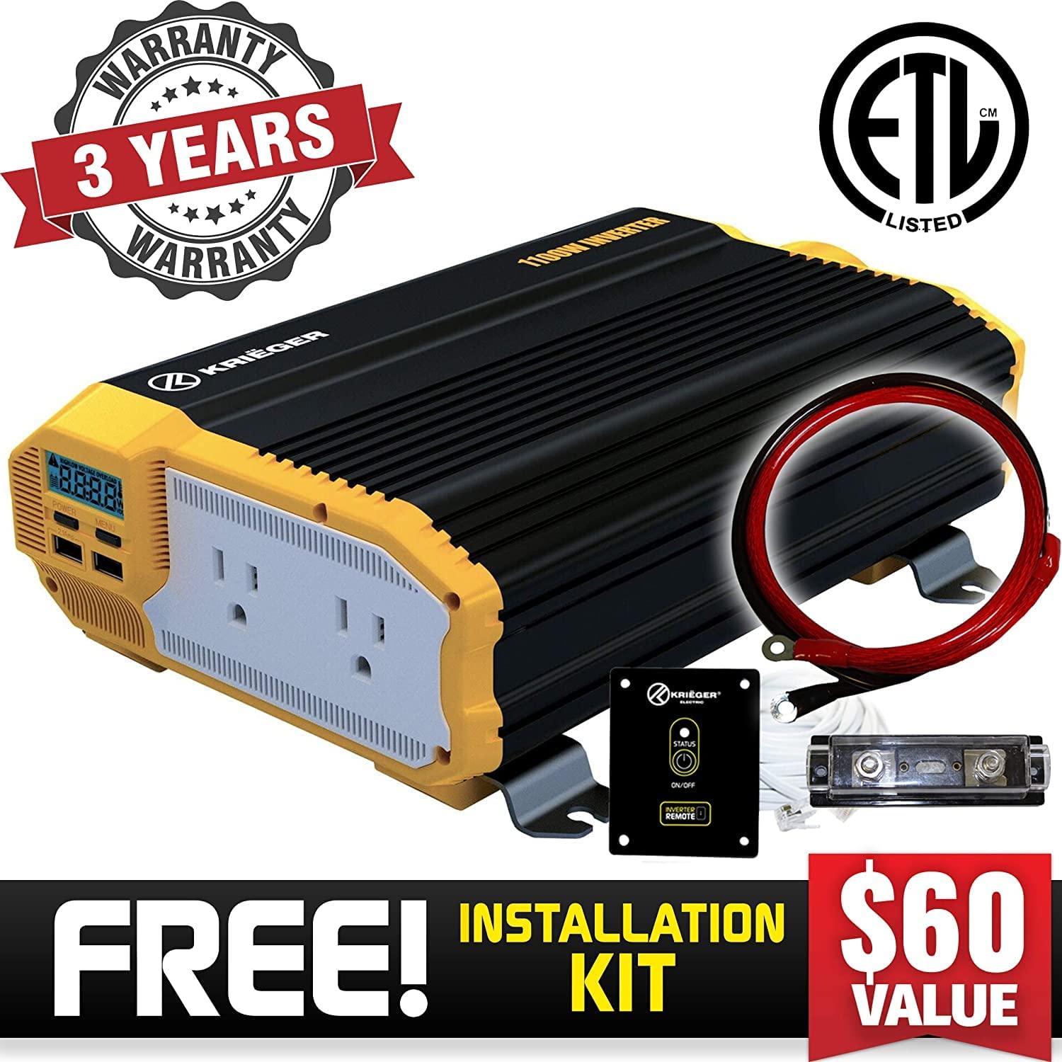 Krieger 1100 Watt 12V Power Inverter Dual 110V AC Outlets. Installation Kit Included. Automotive Back Up Power Supply For Blenders. Vacuums. Power Tools - ETL Approved Under UL STD 458