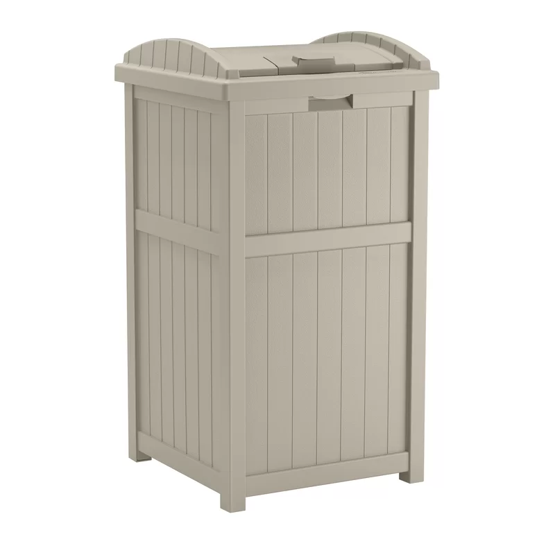 Suncast GH1732 33 Gallon Hideaway Trash Can for Patio - Resin Outdoor Trash with Lid - Use in Backyard. Deck. or Patio - Taupe
