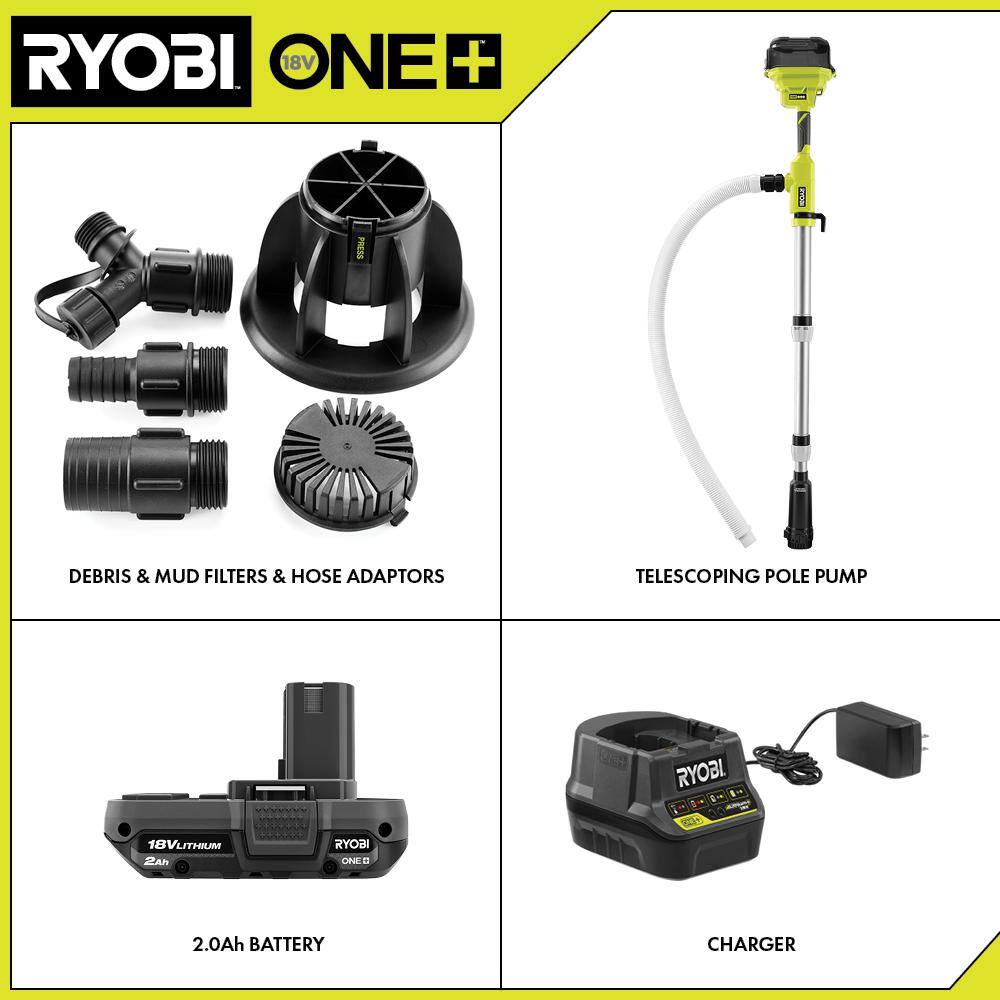 RYOBI RY20UP022K ONE+ 18V Cordless 1/6 HP Telescoping Pole Pump with 2.0 Ah Battery and Charger