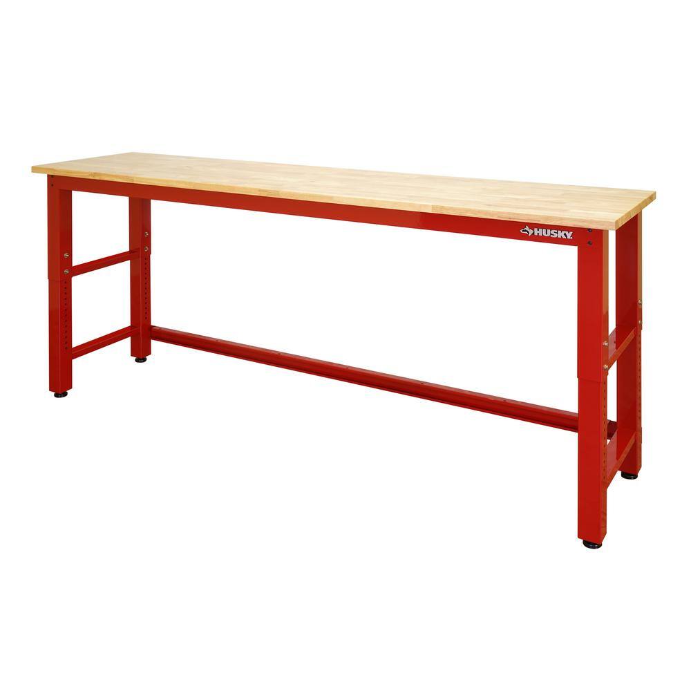 Husky G9600R-US1 8 ft. Adjustable Height Solid Wood Top Workbench in Red for Ready to Assemble Steel Garage Storage System