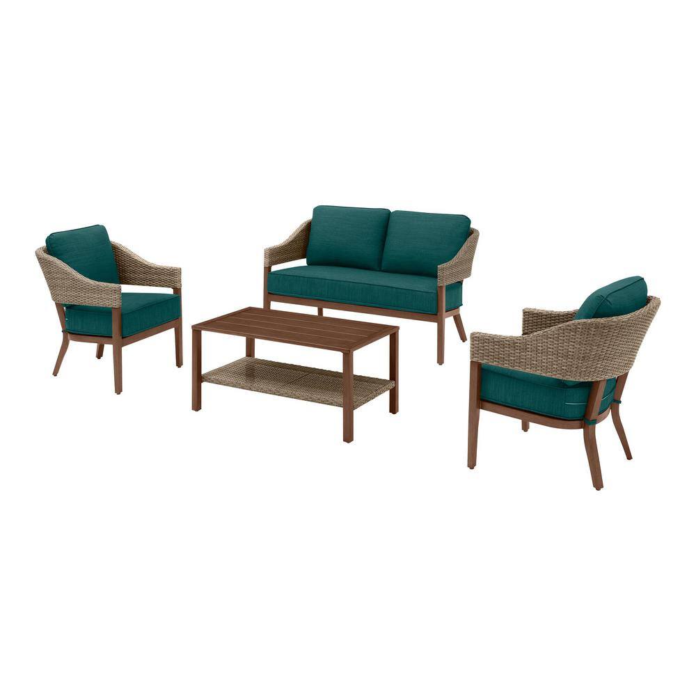 Hampton Bay  Leighton Park 4-Piece Wicker Patio Conversation Set with CushionGuard Malachite Green Cushions