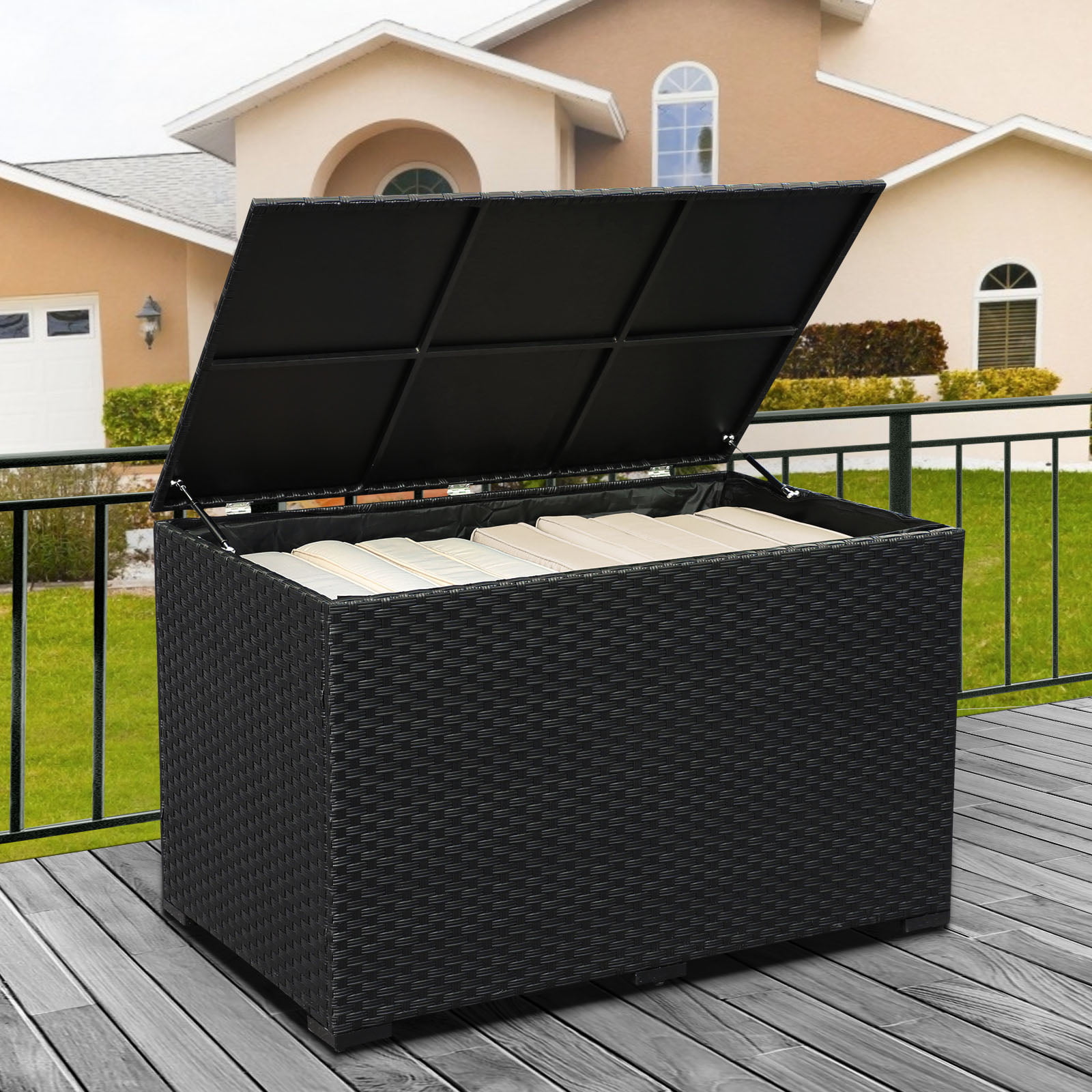 Waroom Outdoor Wicker Storage Box. 150gal Waterproof Deck Bin with Steel Frame and Lid. Black