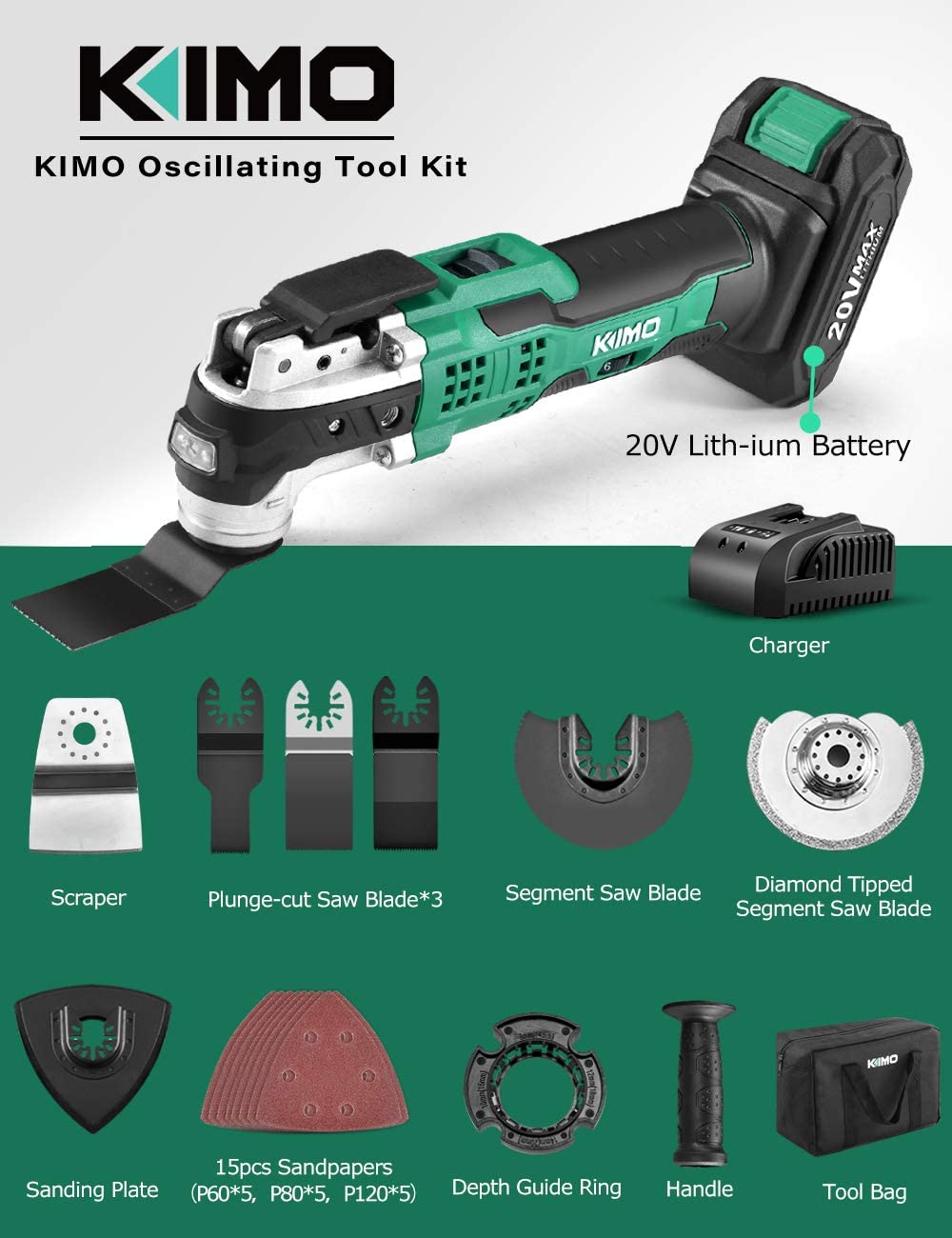 KIMO 20V Cordless Oscillating Tool Kit with 26-Pcs Accessories. Battery Powered Oscillating Multitool