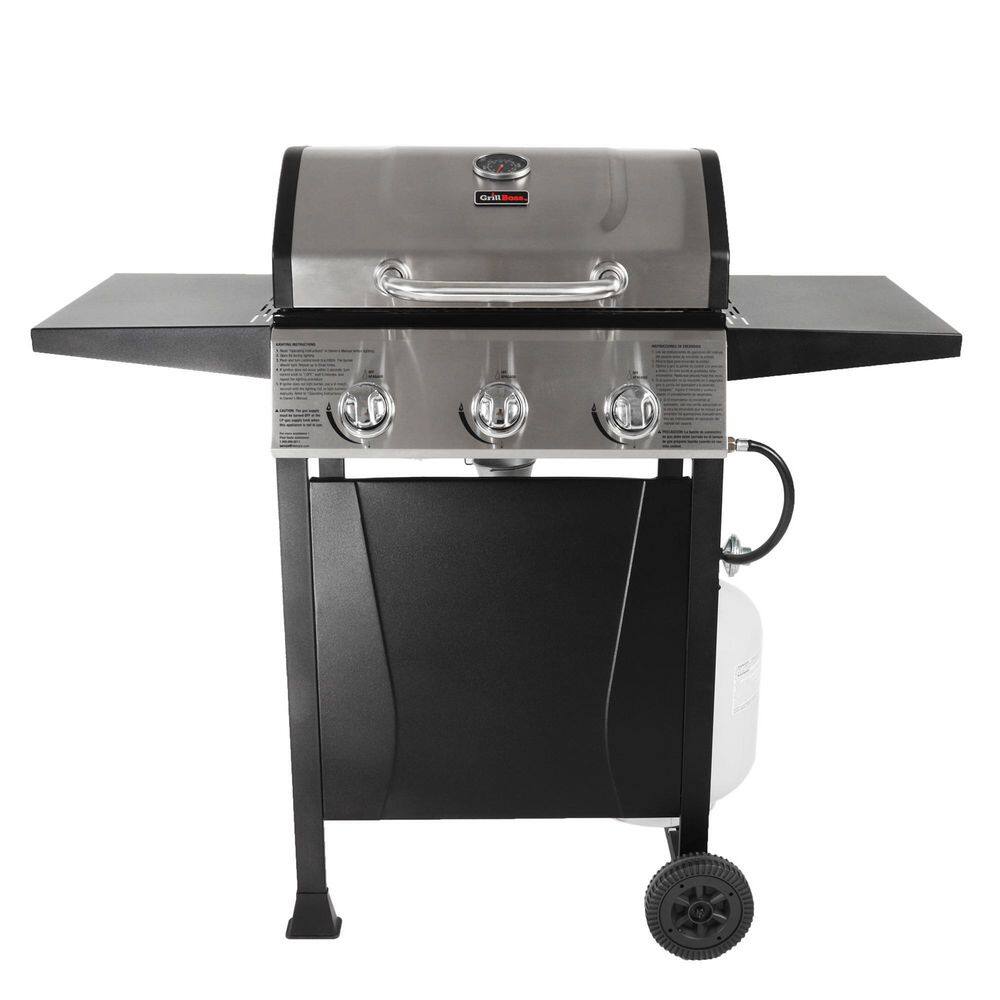 Grill Boss GBC1932M 3 Burner Gas Grill in Black with Top Cover and Shelves Stainless Steel. 2 Number of Side Burners