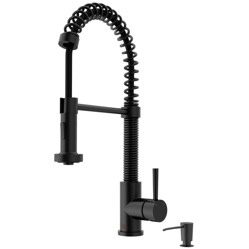 VIGO  Edison Single Handle Pull-Down Sprayer Kitchen Faucet Set with Soap Dispenser in Matte Black