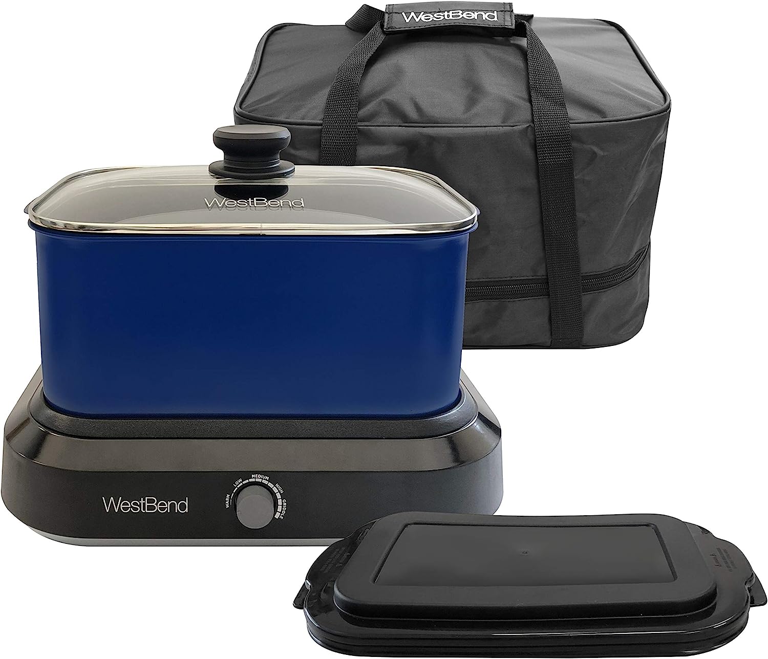 West Bend 87906B Slow Cooker. Large-Capacity Non-Stick Crockpot with Variable Temperature Control. Travel Lid and Thermal Carrying Case. 6 Qt. Blue