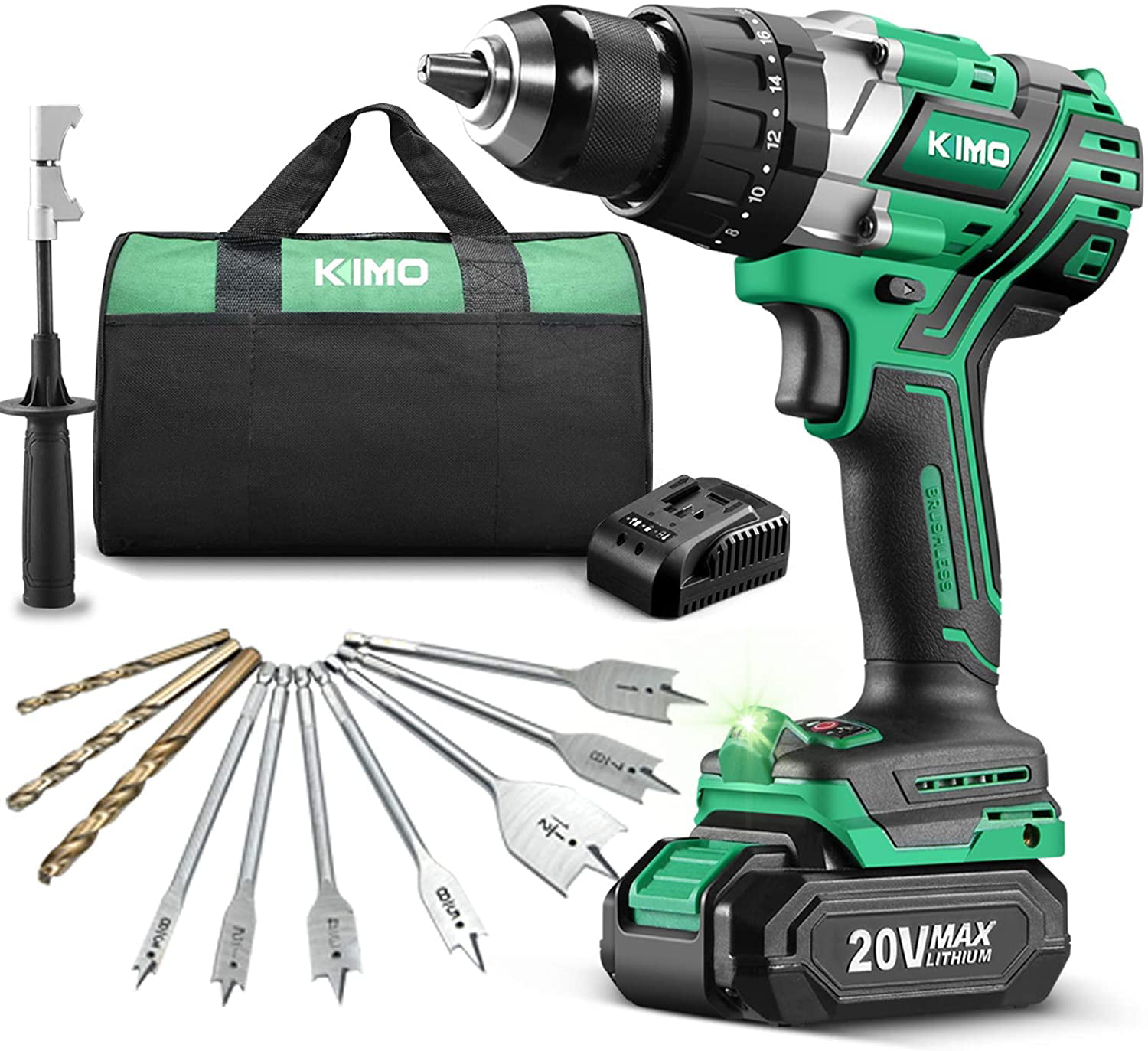 KIMO 20V Cordless Power Drill - 15PCS. 1/2″ Brushless Electric Drill Driver Set W/2.0Ah Battery