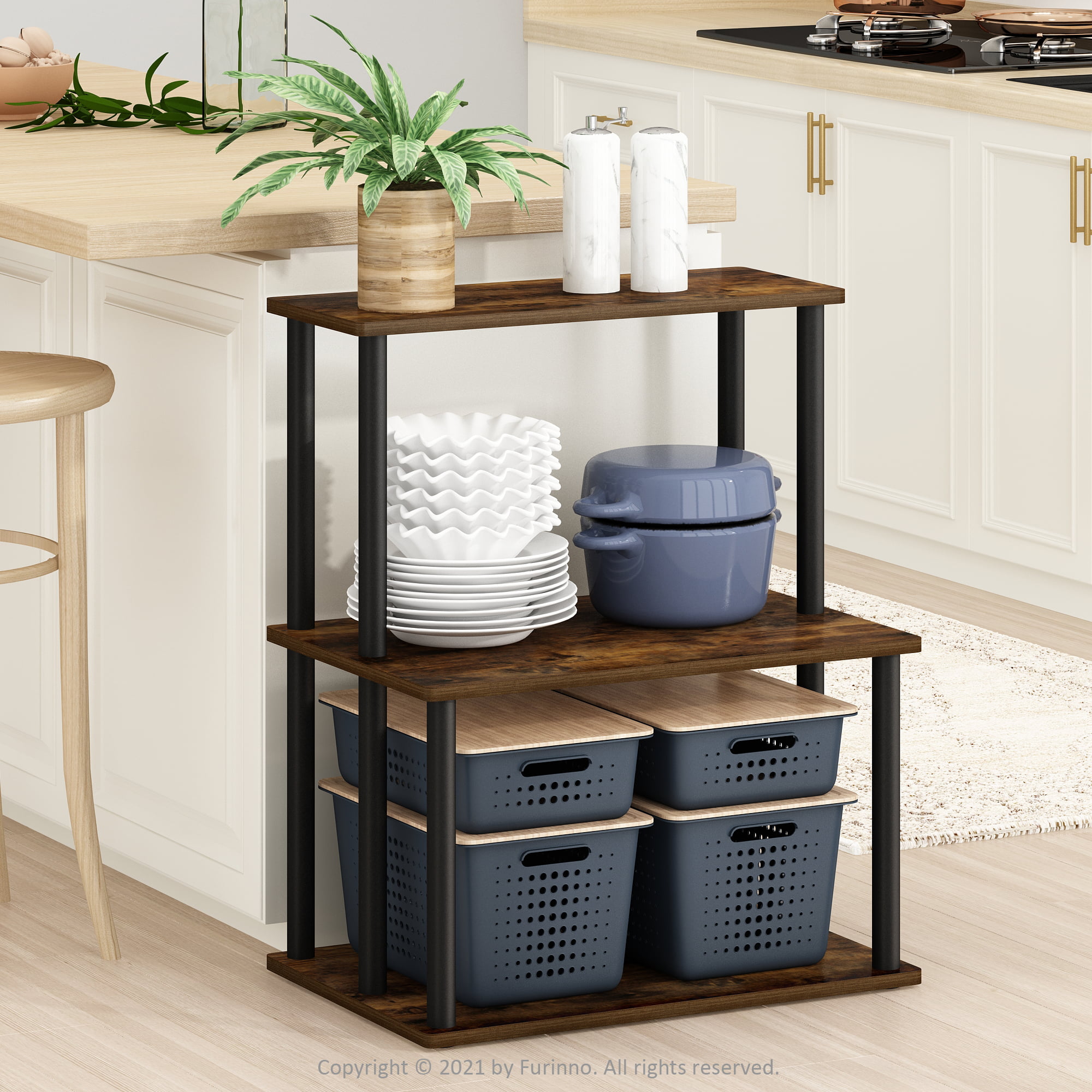 Furinno Turn-N-Tube 3-Tier Toolless Kitchen Storage Shelf. Amber Pine/Black
