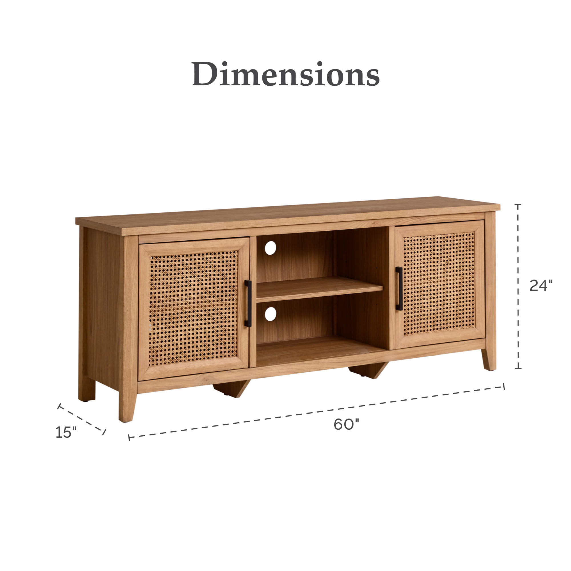 My Texas House Emma Wood and Cane TV Stand for TVs up to 65 inches. Light Oak. 5 minute Assembly