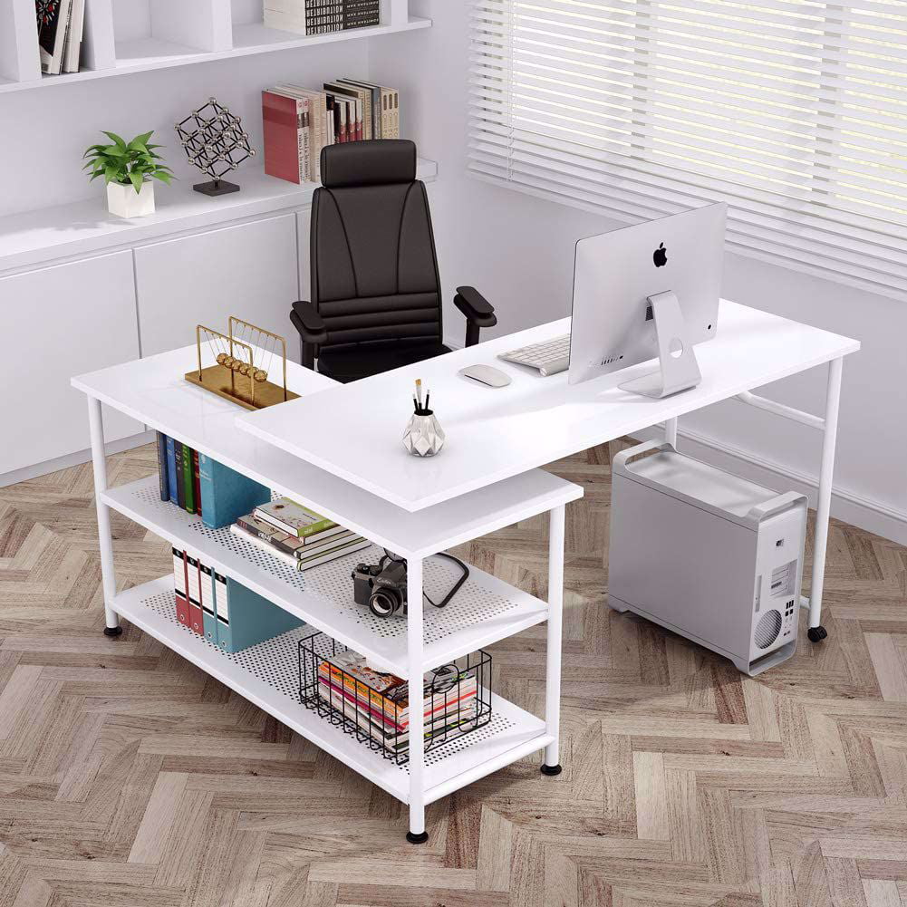 TribeSigns Modern L-Shaped Desk with Storage Shelves (White)