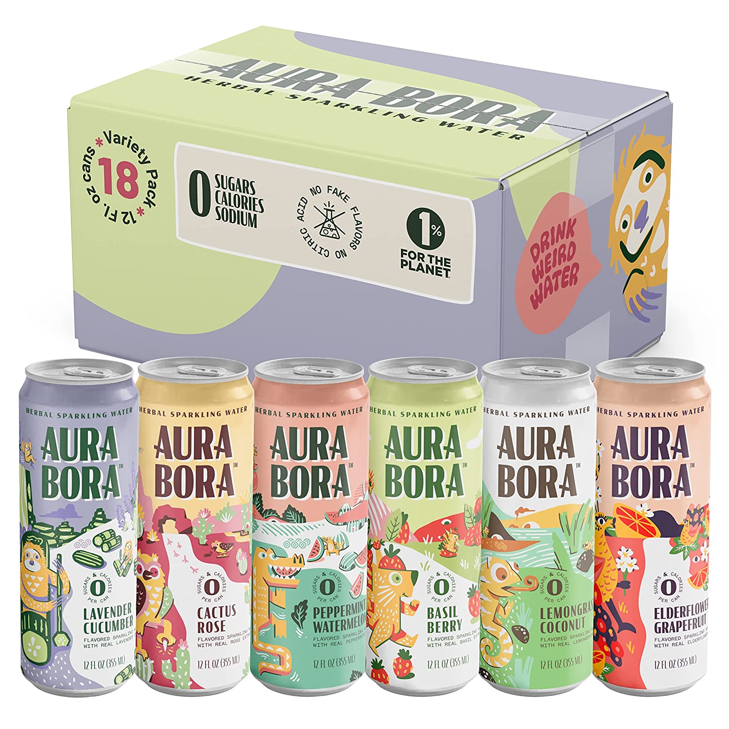 Aura Bora Variety Pack Herbal Sparkling Water 12 oz Can (Pack of 18). 0 Calories. 0 Sugar. 0 Sodium. Non-GMO