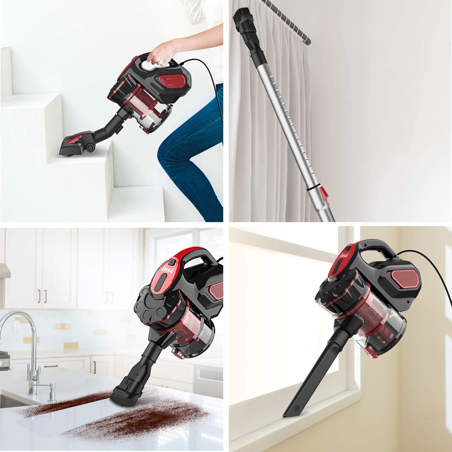 INSE Corded Vacuum Cleaner. INSE Stick Vacuum Cleaner 18KPA Powerful Suction with 600W Motor. 3 in 1 Handheld Vacuum for Pet Hair Hard Floor Home - Red