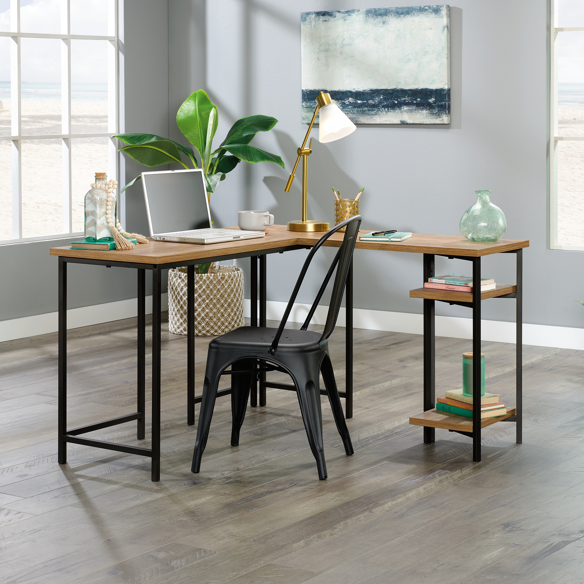 Curiod Open Shelf Wood and Metal L-Shaped Desk. Sindoori Mango Finish