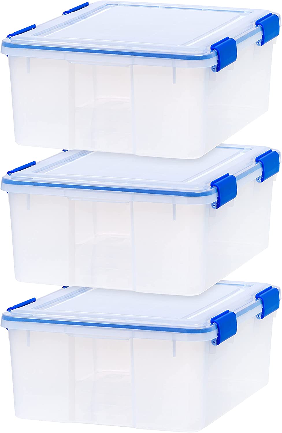 IRIS USA 60 Quart WEATHERPRO Plastic Storage Box with Durable Lid and Seal and Secure Latching. Clear With Blue Buckles. Weathertight. 3 Pack
