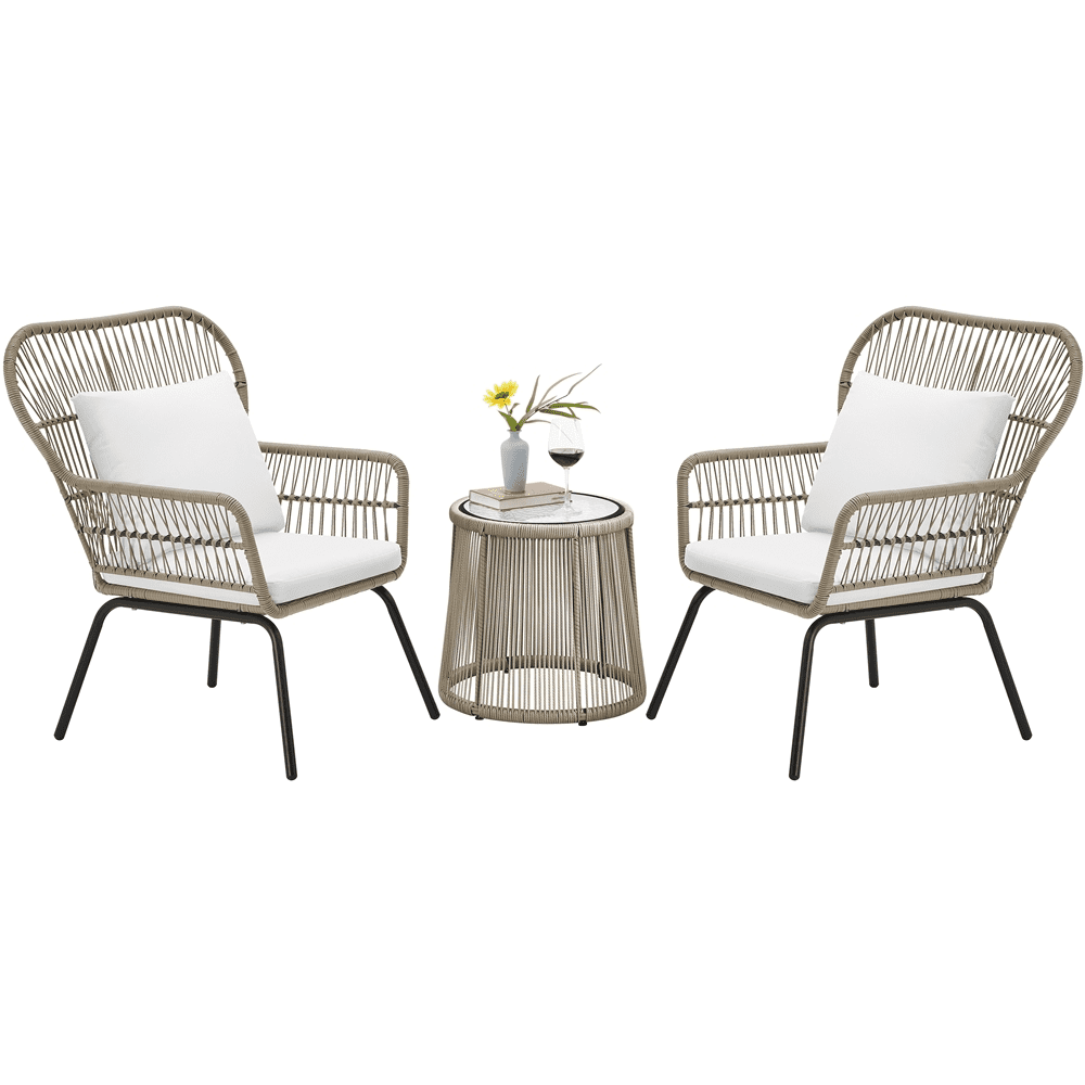 SMILE MART Outdoor 3-piece Synthetic Wicker Patio Set with Cushions. Tan