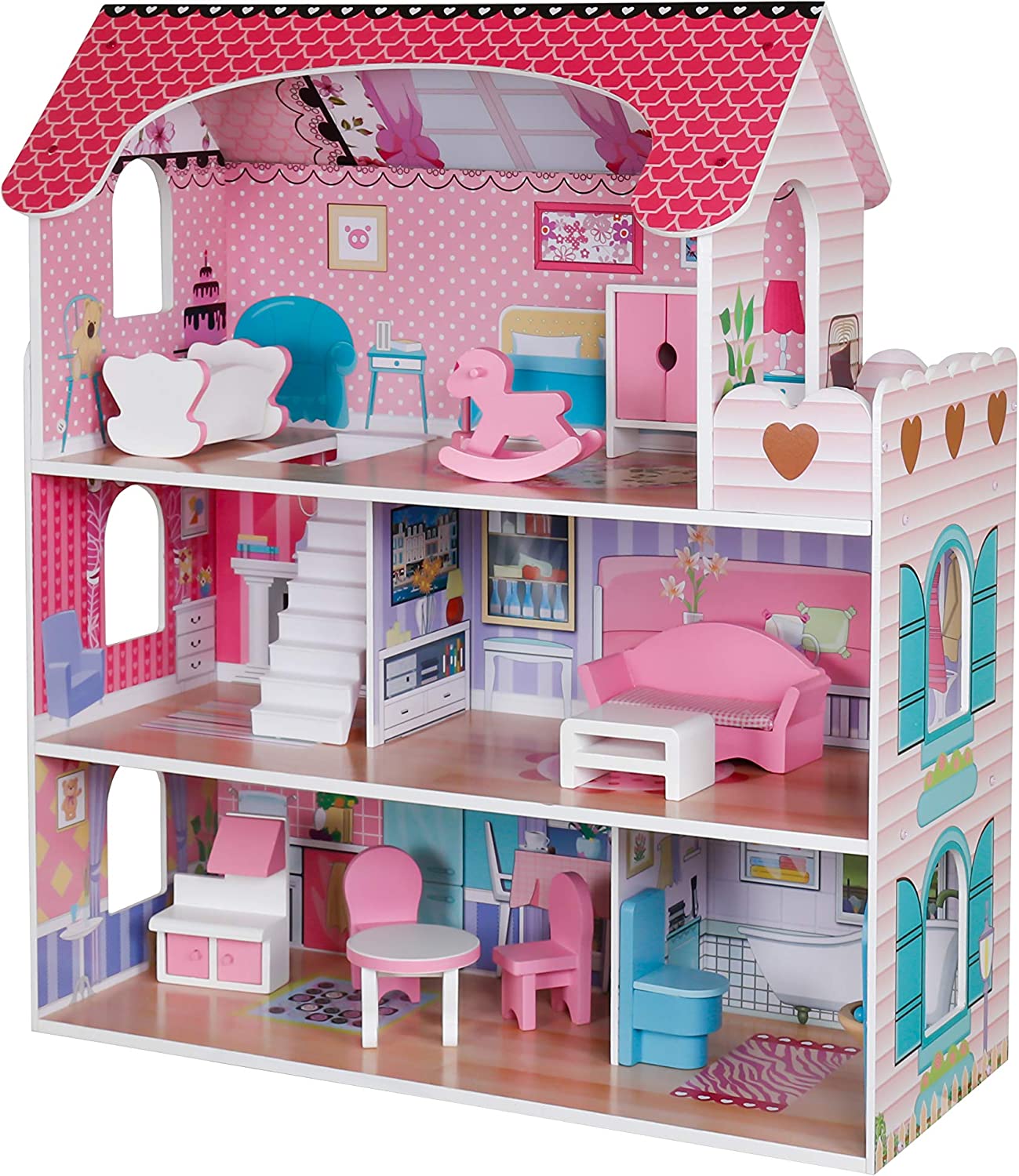 PIDOKO KIDS Wooden Dollhouse - Includes 12 Pcs Furniture Accessories - Wood Doll House for 3 4-5 Year Old Girls