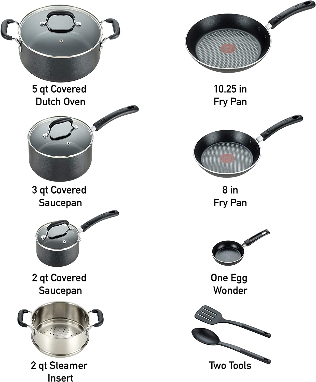 T-fal Professional Nonstick Dishwasher Safe Cookware Set. 12-Piece. Black