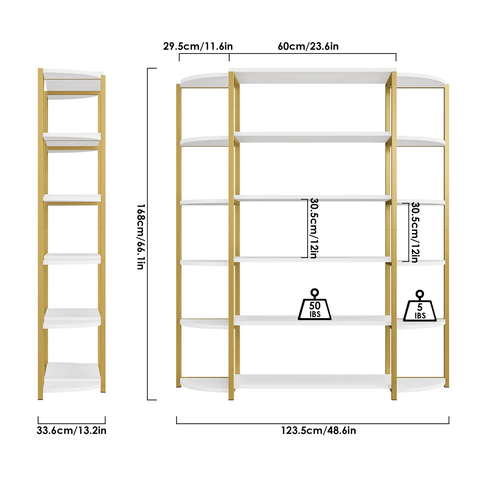 Homfa 6 Tier Bookshelf. Wood Triple Wide Etagere Standing Bookcase for Home Office. White and Gold