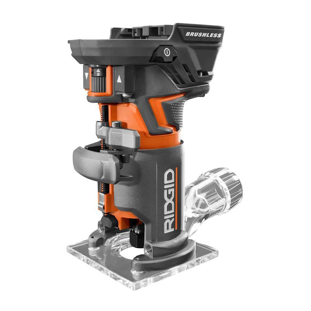 RIDGID R860443B 18V OCTANE Brushless Cordless Compact Fixed Base Router with 1/4 in. Bit. Round and Square Bases and Collet Wrench