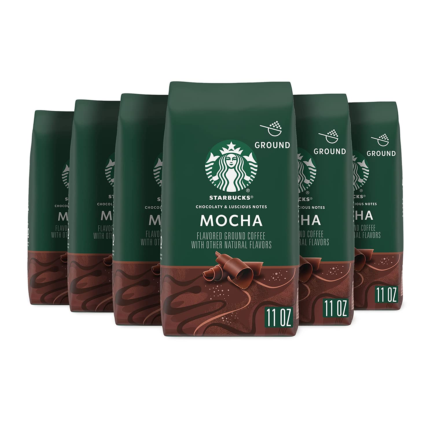 Starbucks Ground Coffee. Mocha Flavored Coffee. No Artificial Flavors. 100% Arabica. 6 bags (11 oz each)