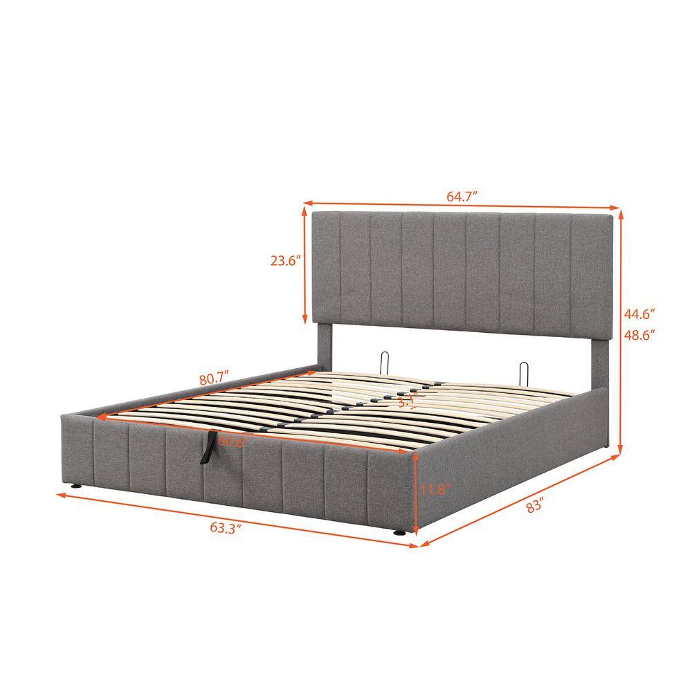 None  Gray Queen Size Upholstered Platform Bed with a Hydraulic Storage System