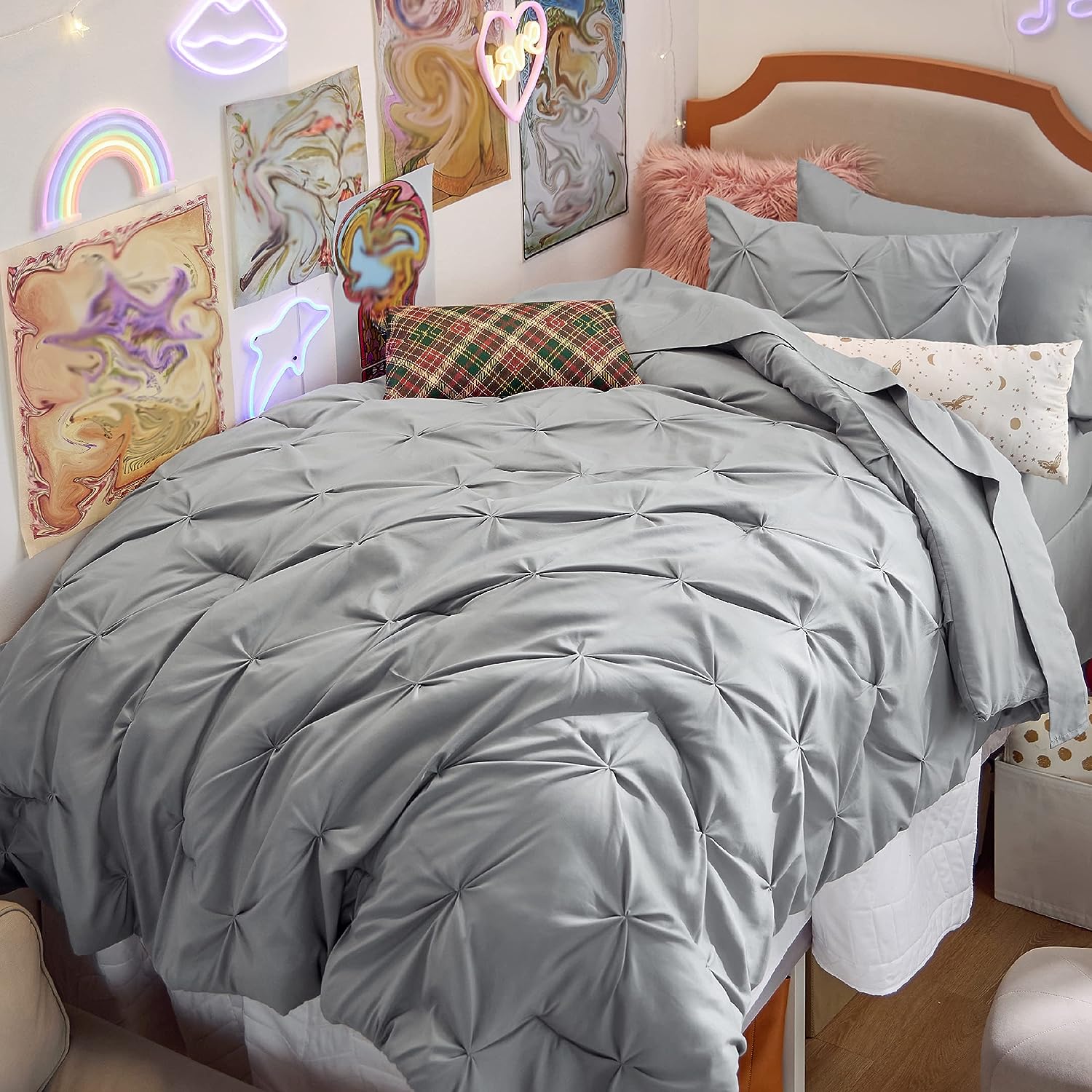 Bedsure Twin Comforter Set with Sheets - 5 Pieces Twin Bedding Sets. Pinch Pleat Grey Twin Bed in a Bag with Comforter. Sheets. Pillowcase & Sham. Kids Bedding Set
