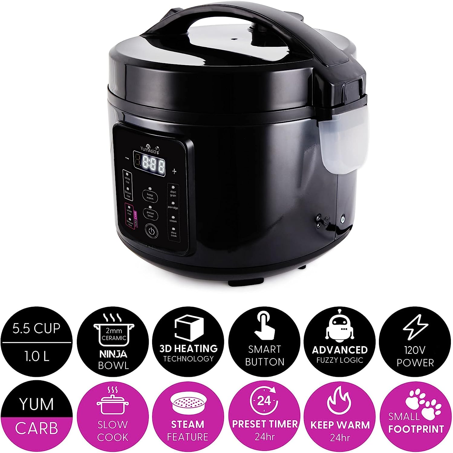 Yum Asia Kumo YumCarb Rice Cooker with Ceramic Bowl and Advanced Fuzzy Logic. (5.5 Cups. 1 Litre). 5 Rice Cooking Functions. 3 Multicooker Functions. 110V US Power (Dark Stainless Steel)