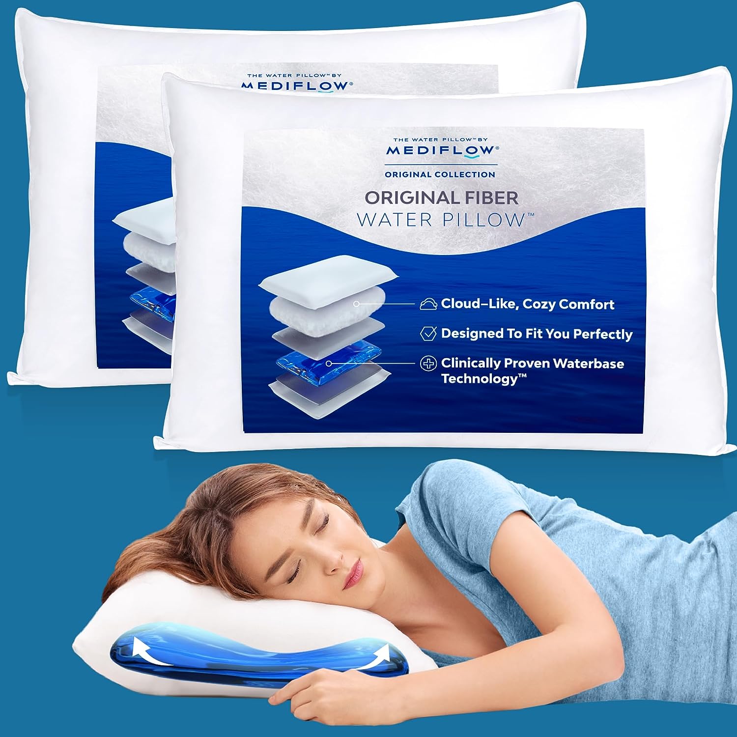 Mediflow Fiber Water Pillow - Adjustable Pillow for Neck Pain Relief. Pillow for Side. Back. and Stomach Sleepers. The Original Inventor of The Water Pillow. Clinically Proven Bed Pillow (2 Pillows)