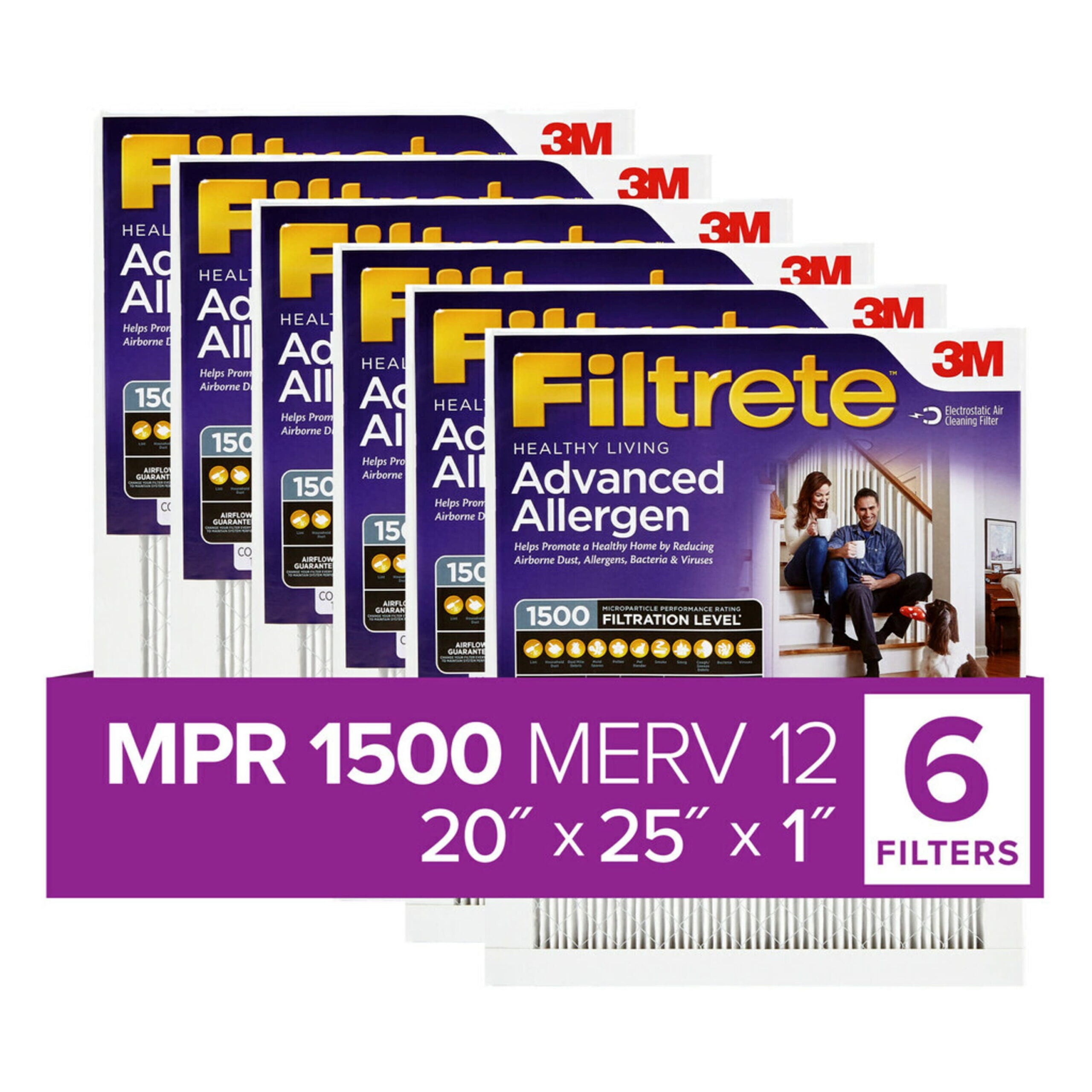 Filtrete by 3M 20x25x1. MERV 12. Advanced Allergen Reduction HVAC Furnace Air Filter. 1500 MPR. 6 Filters