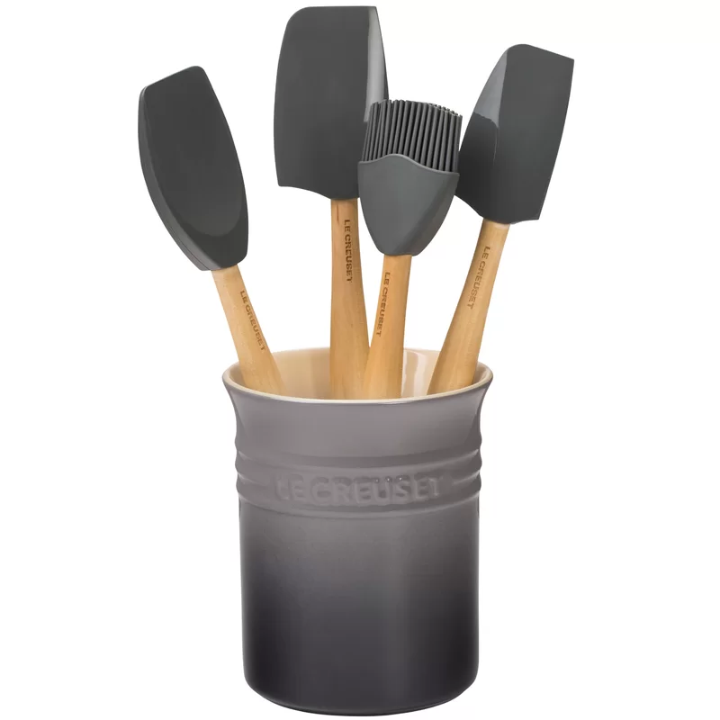 Le Creuset JS450-7F Silicone Craft Series Utensil Set with Stoneware Crock. 5 pc.. Oyster