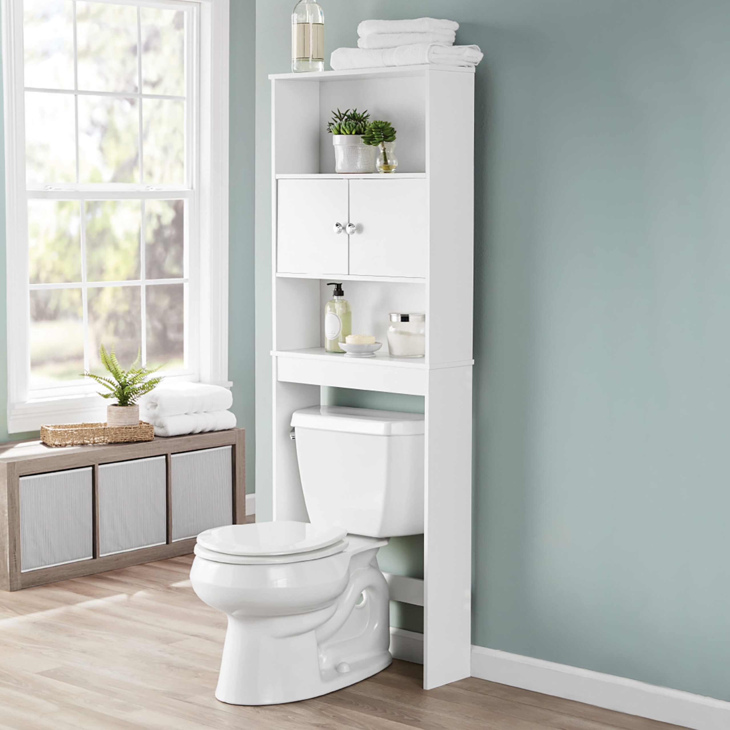 White 23 in. W Bathroom Space Saver Cabinet with 3 Fixed Shelves. Mainstays over the Toilet Storage