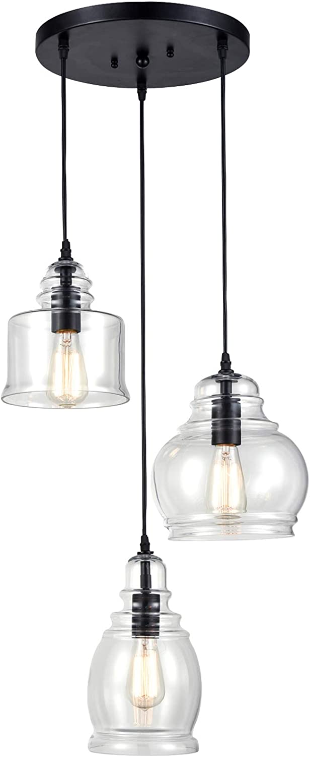 Claxy  Glass Light 3-Light Black Industrial Clear Glass Jar Pendant Light