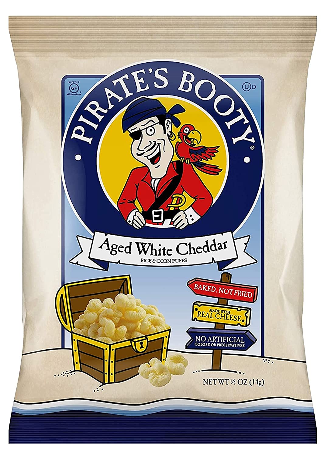 Pirate-s Booty Aged White Cheddar Cheese Puffs. 24ct. 0.5oz Snack Size Bags. Gluten Free. Healthy Kids Snacks