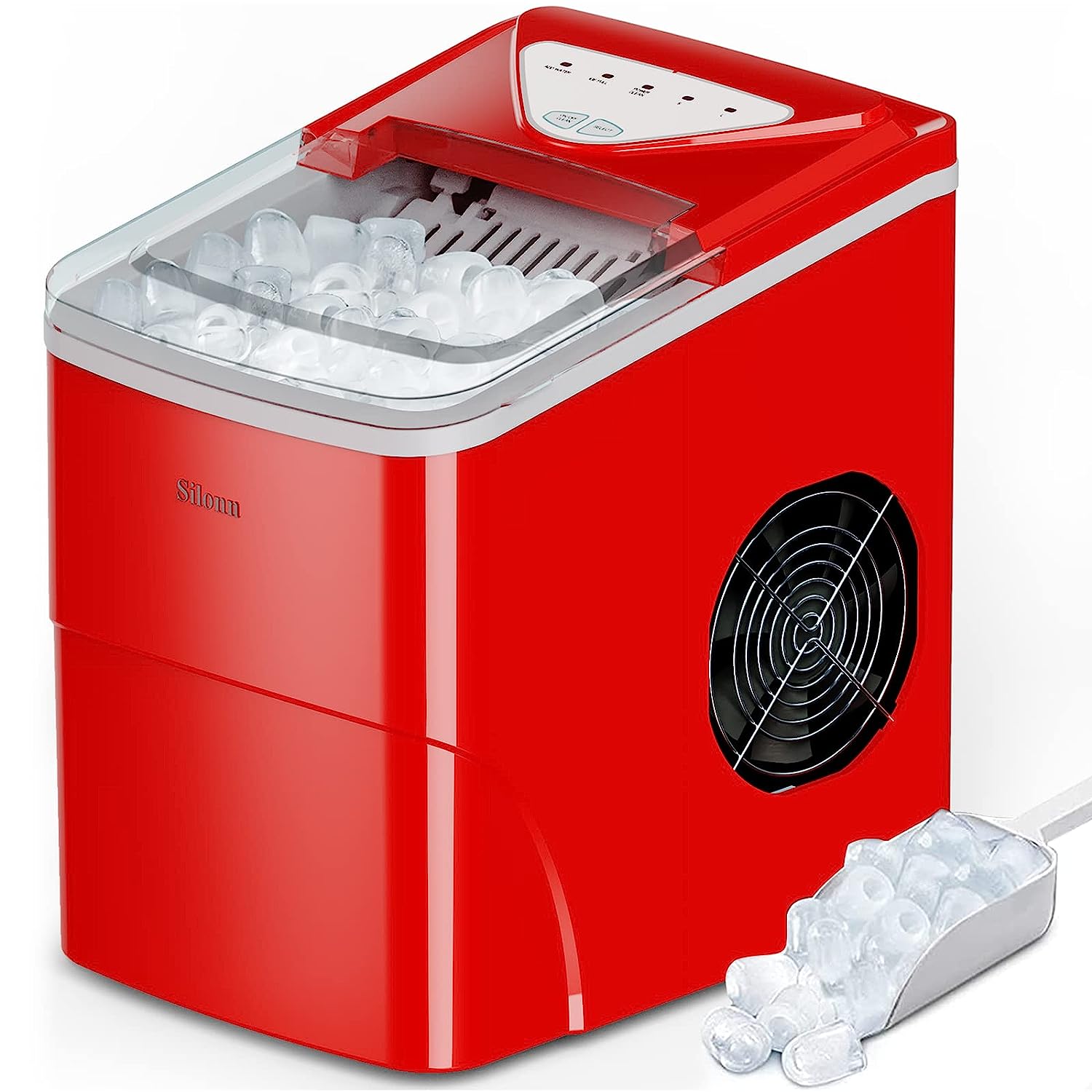 Silonn Ice Makers Countertop. 9 Cubes Ready in 6 Mins. 26lbs in 24Hrs. Self-Cleaning Ice Machine with Ice Scoop and Basket. 2 Sizes of Bullet Ice for Home Kitchen Office Bar Party. Red