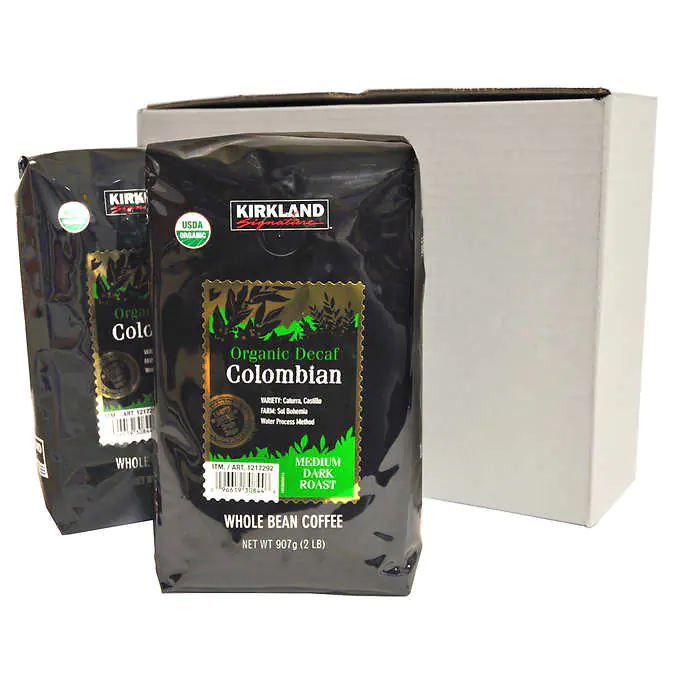 Kirkland Signature Organic Colombian Decaf Whole Bean Coffee 2 lbs 2-pack