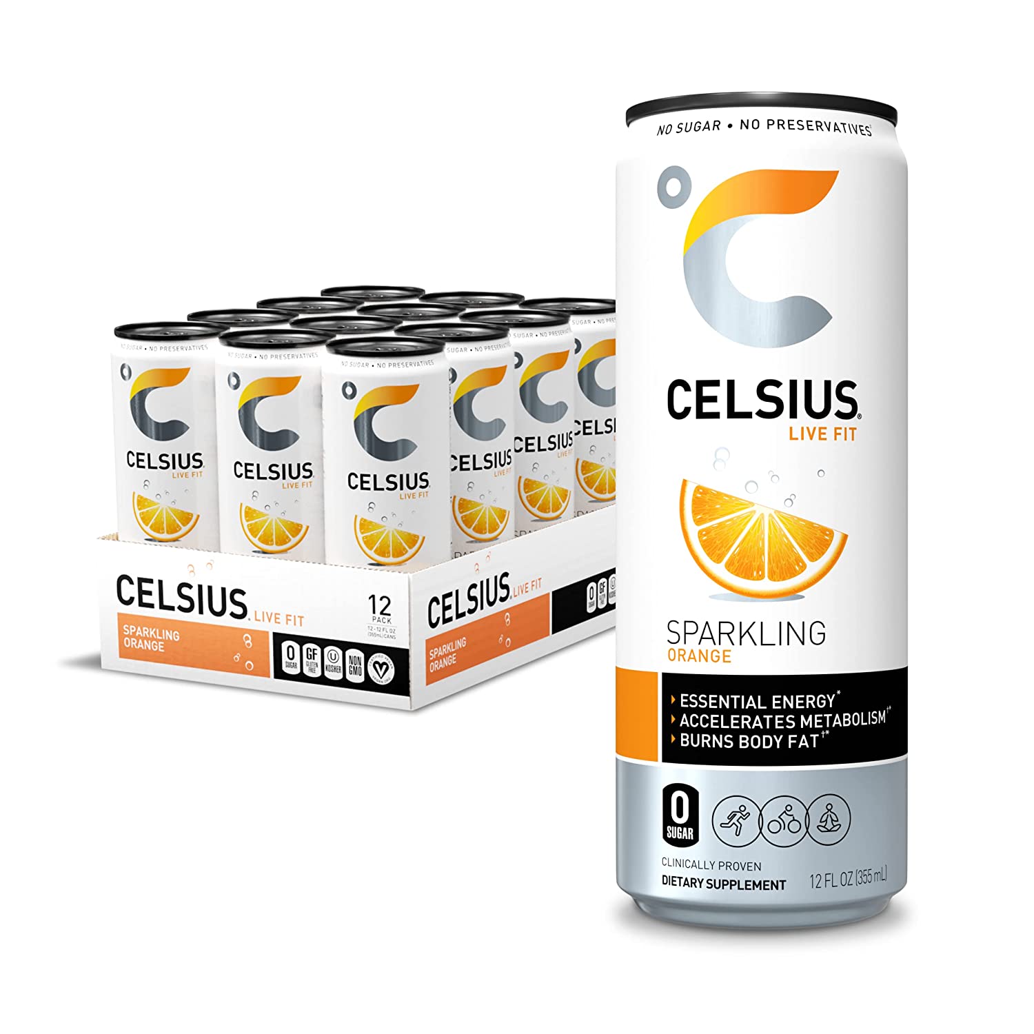 CELSIUS Essential Energy Drink 12 Fl Oz. ZERO Sugar. Sparkling Orange (Pack of 12)