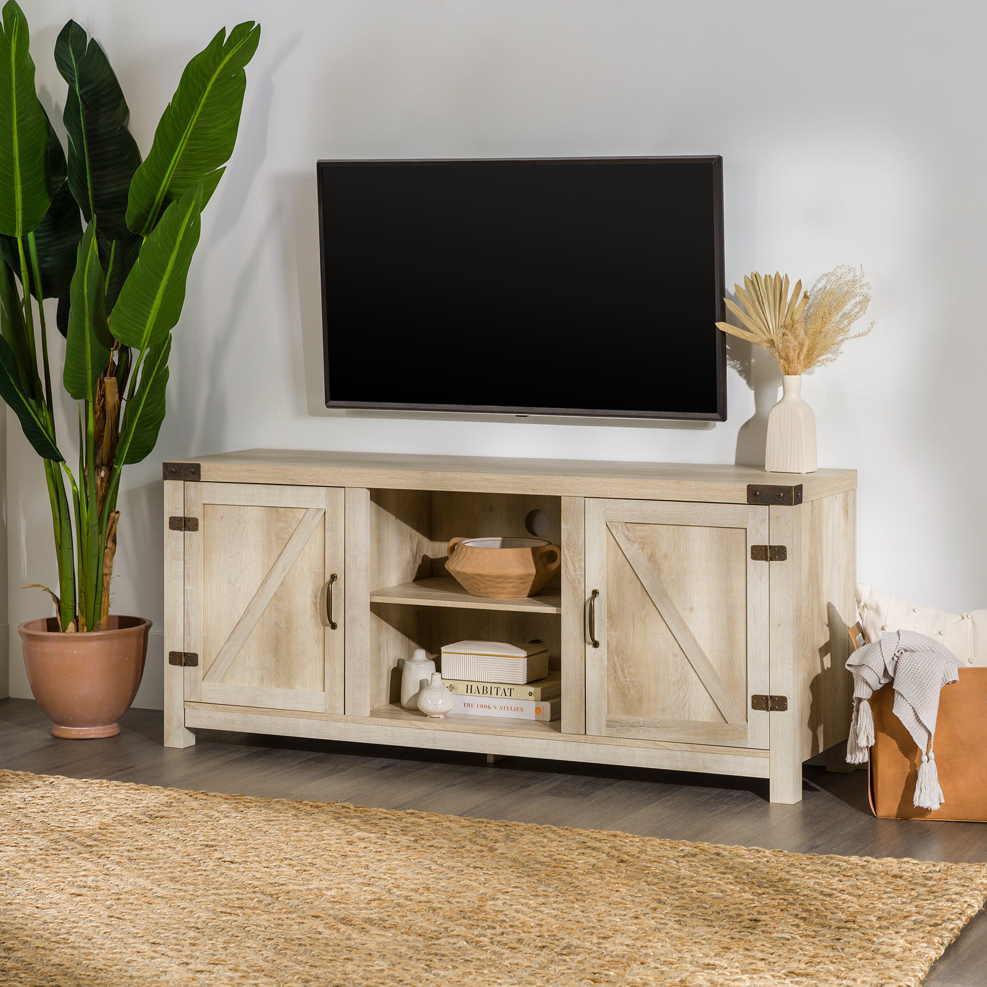 Woven Paths Modern Farmhouse Barn Door TV Stand for TVs up to 65″. White Oak