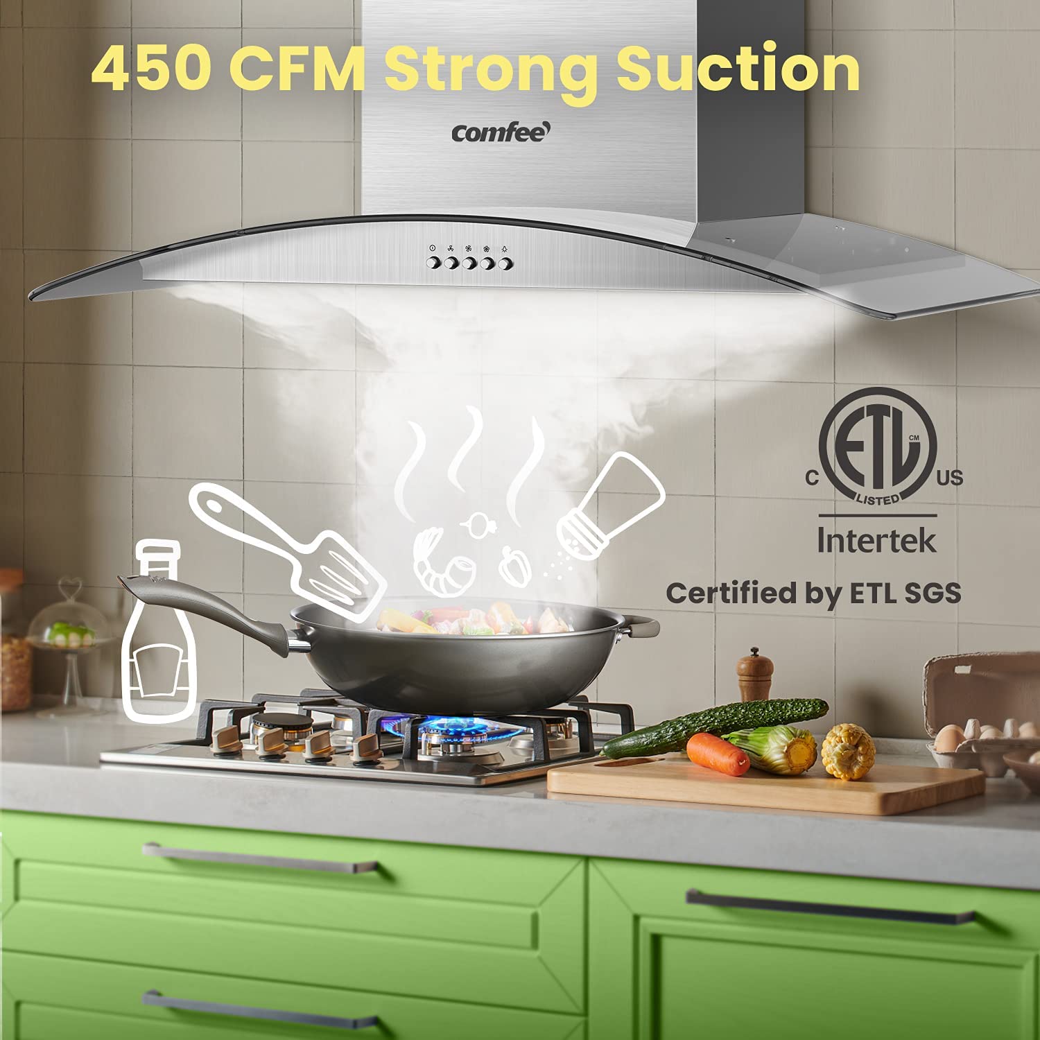 Comfee CVG30W8AST 30 Inches Ducted Wall Mount Vent Range Hood with 450 CFM 3 Speed Exhaust Fan. Baffle Filters. Curved Glass. 2 LED Lights. Convertible to Ductless. Stainless Steel