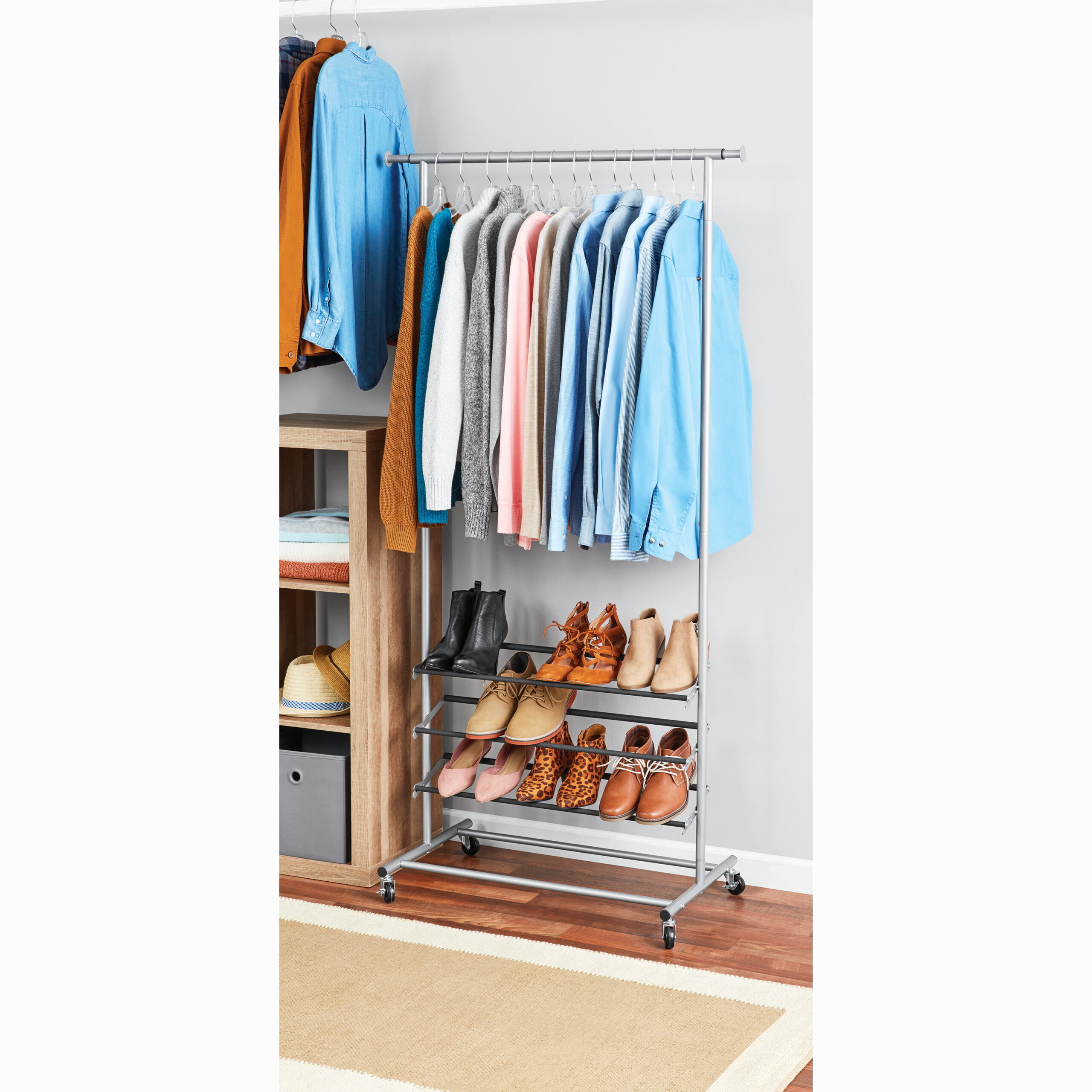 Mainstays Adjustable 3-Tier Garment Rack for Bedroom and Closet. Black and Silver