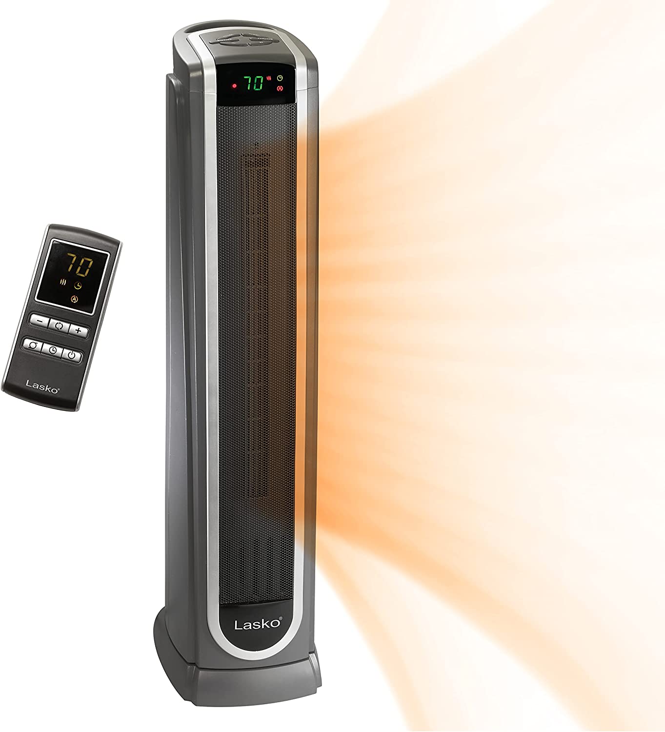 Lasko Ceramic Tower Space Heater with Logic Center Digital Remote Control-Features Built-in Timer and Oscillation. 7.3″L x 9.2″W x 29.75″H. Black 5572